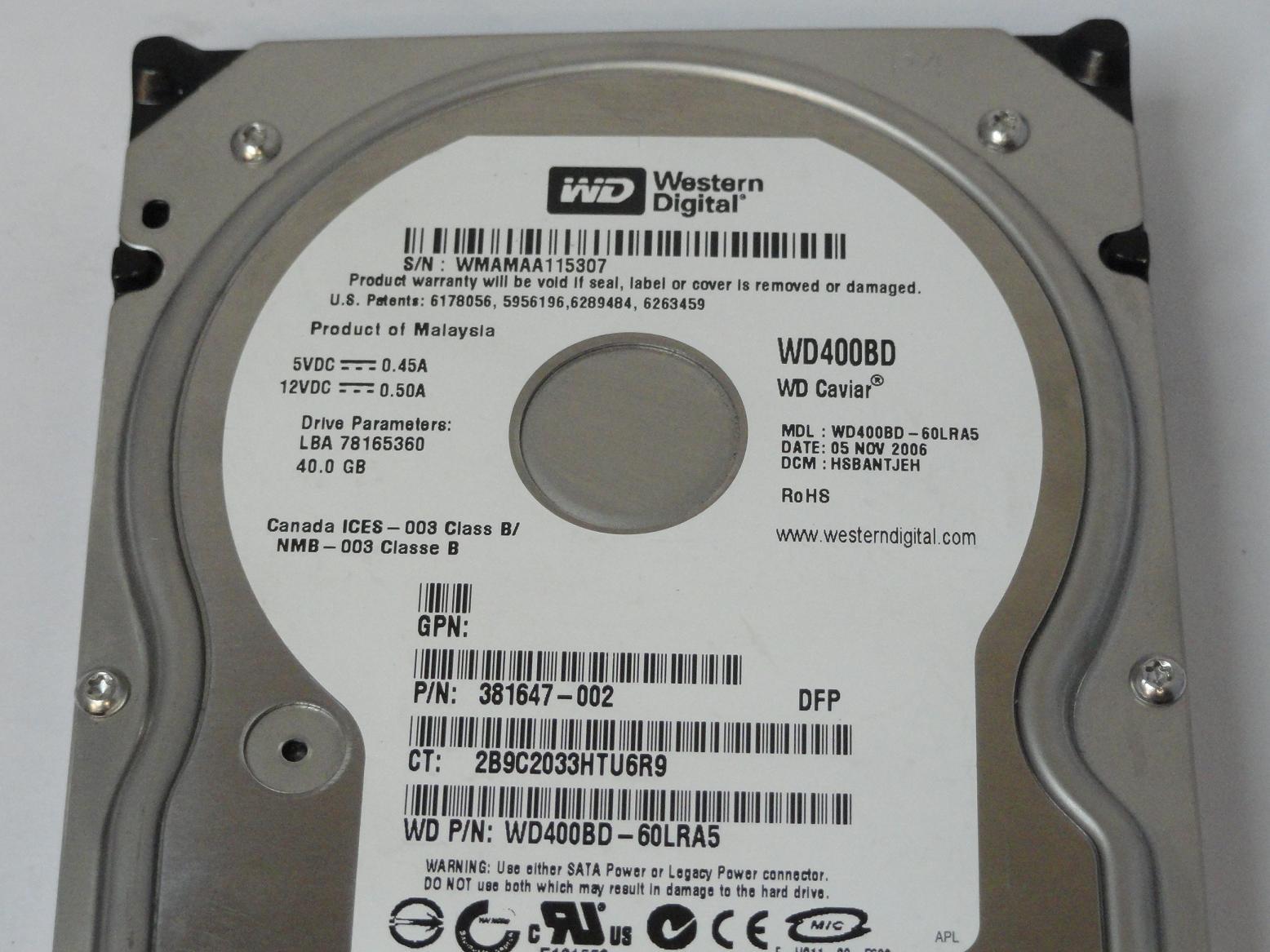 Western Digital HP 40GB SATA 7200rpm 3.5in HDD ( WD400BD-60LRA5 365555-001 381647-002 ) REF