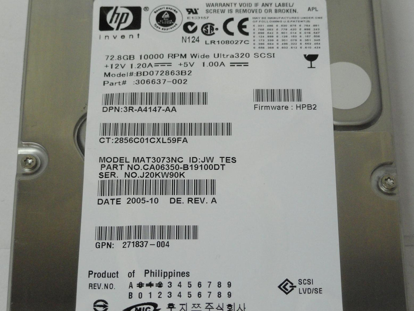 HP Fujitsu 72.8GB SCSI 80 Pin 10Krpm 3.5in HDD ( CA06350-B19100DT MAT3073NC 306637-002 BD072863B2 271837-004 3R-A4147-AA ) REF