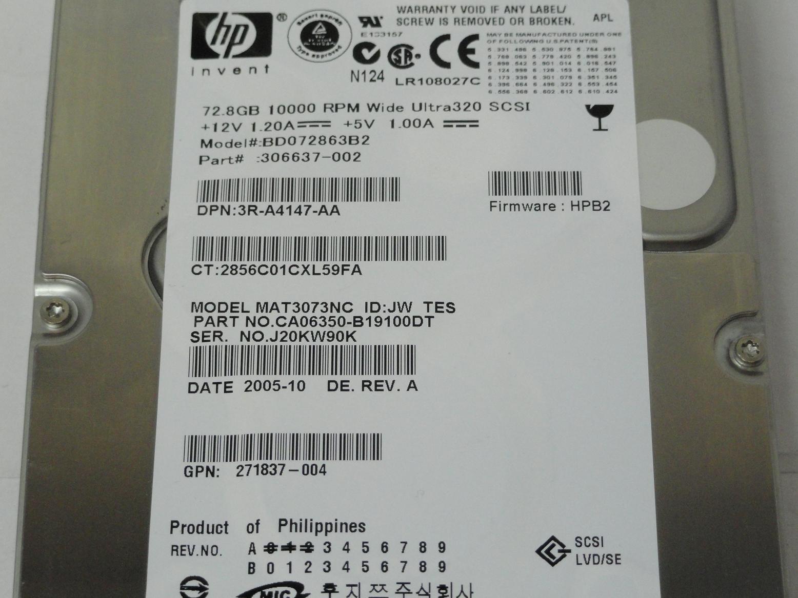 HP Fujitsu 72.8GB SCSI 80 Pin 10Krpm 3.5in HDD ( CA06350-B19100DT MAT3073NC 306637-002 BD072863B2 271837-004 3R-A4147-AA ) REF