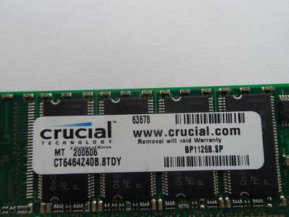  Micron Crucial 512MB PC3200 DDR-400MHz DIMM ( MT8VDDT6464AY-40BD1 CT646AZ40B ) REF
