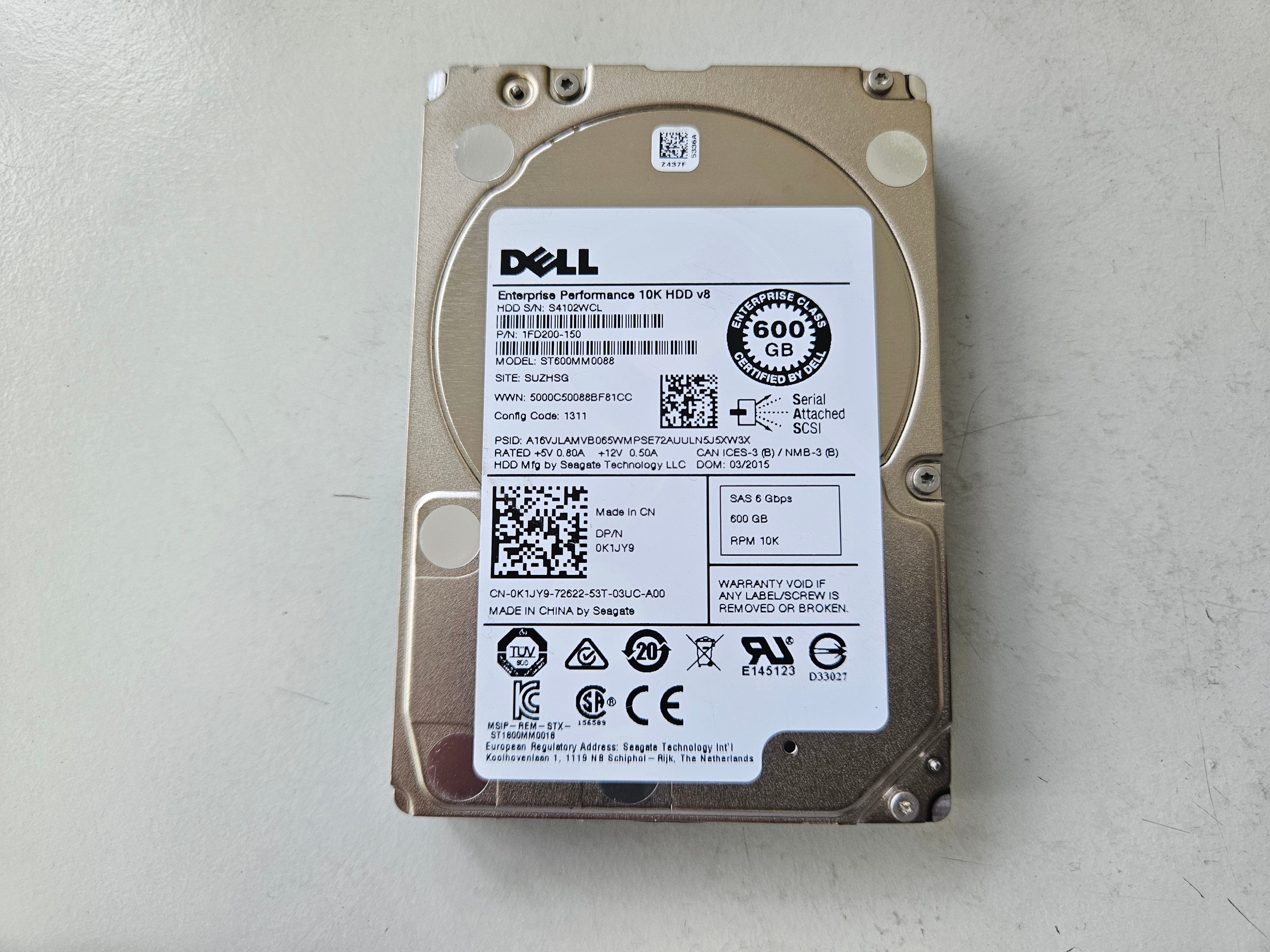 Dell Seagate 600GB 10K SAS 2.5in HDD ( 0K1JY9 1FD200-150 ST600MM0088 ) REF