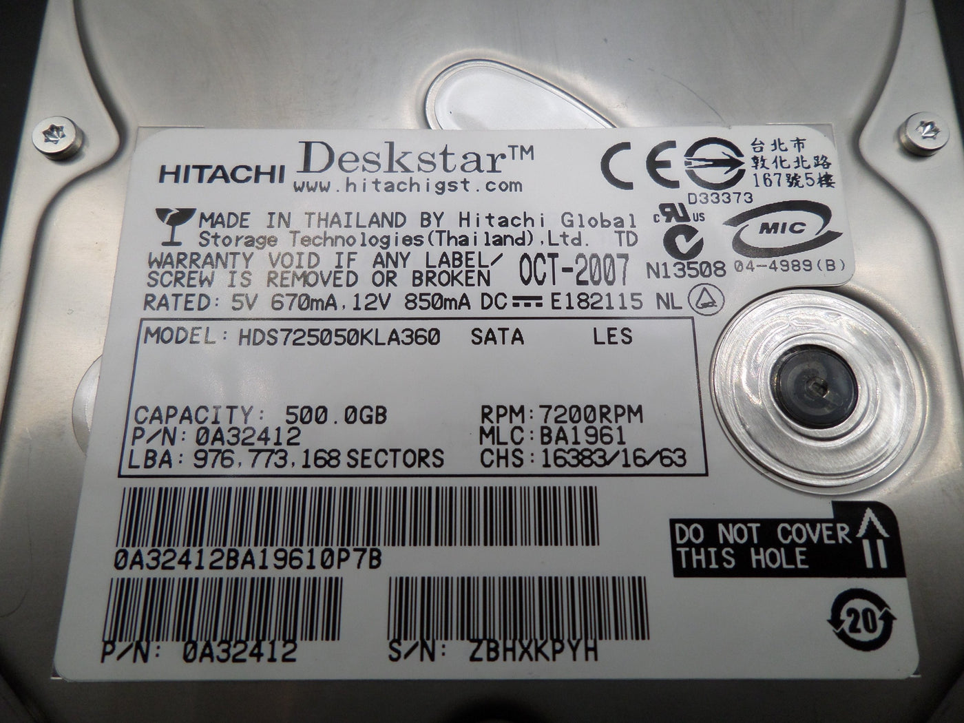 Hitachi 500GB SATA 7200rpm 3.5in HDD ( 0A32412 HDS725050KLA360 ) REF