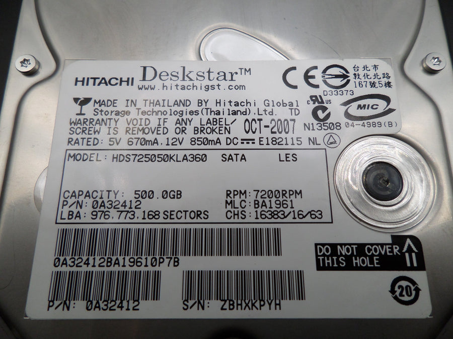 Hitachi 500GB SATA 7200rpm 3.5in HDD ( 0A32412 HDS725050KLA360 ) REF