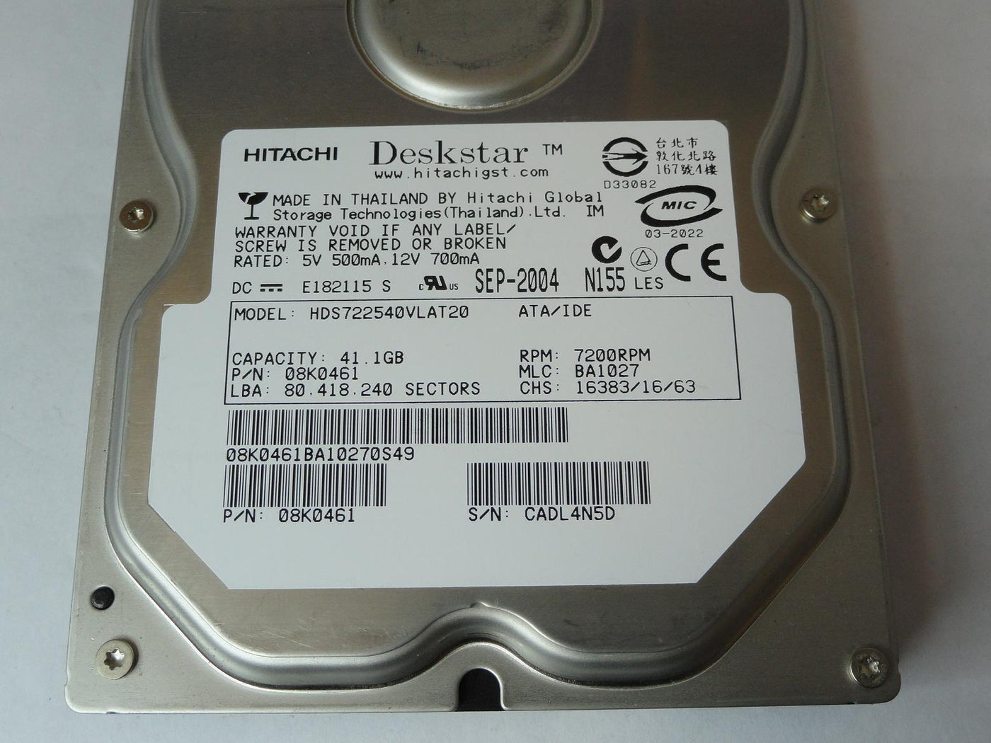 PR06167_08K0461_Hitachi 40GB IDE 7200rpm 3.5in HDD - Image3