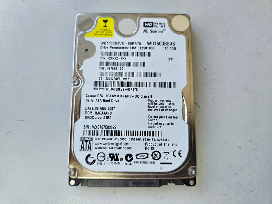 Western Digital HP 160GB 5400RPM SATA 2.5in HDD ( WD1600BEVS WD1600BEVS-60RST0 437958-001 ) REF