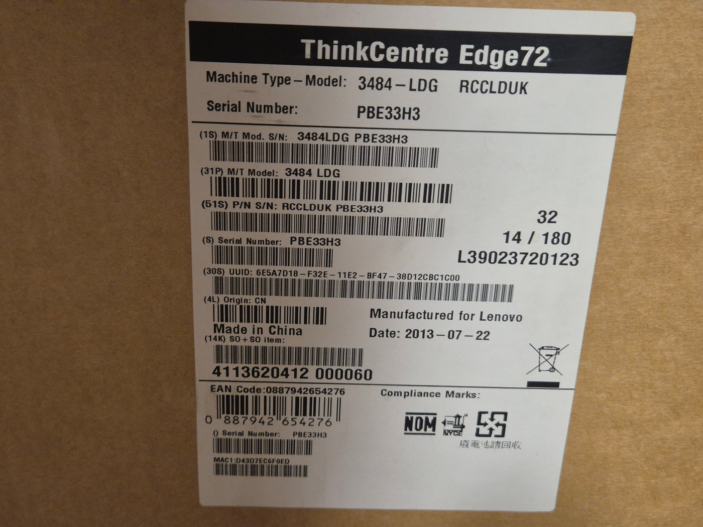 Lenovo ThinkCentre Edge 72 500GB HDD DVD 4GB RAM Pentium G2030 3GHz Win7Pro w/k.board boxed ( 3484-LDG 3484LDG RCCLDUK ) USED