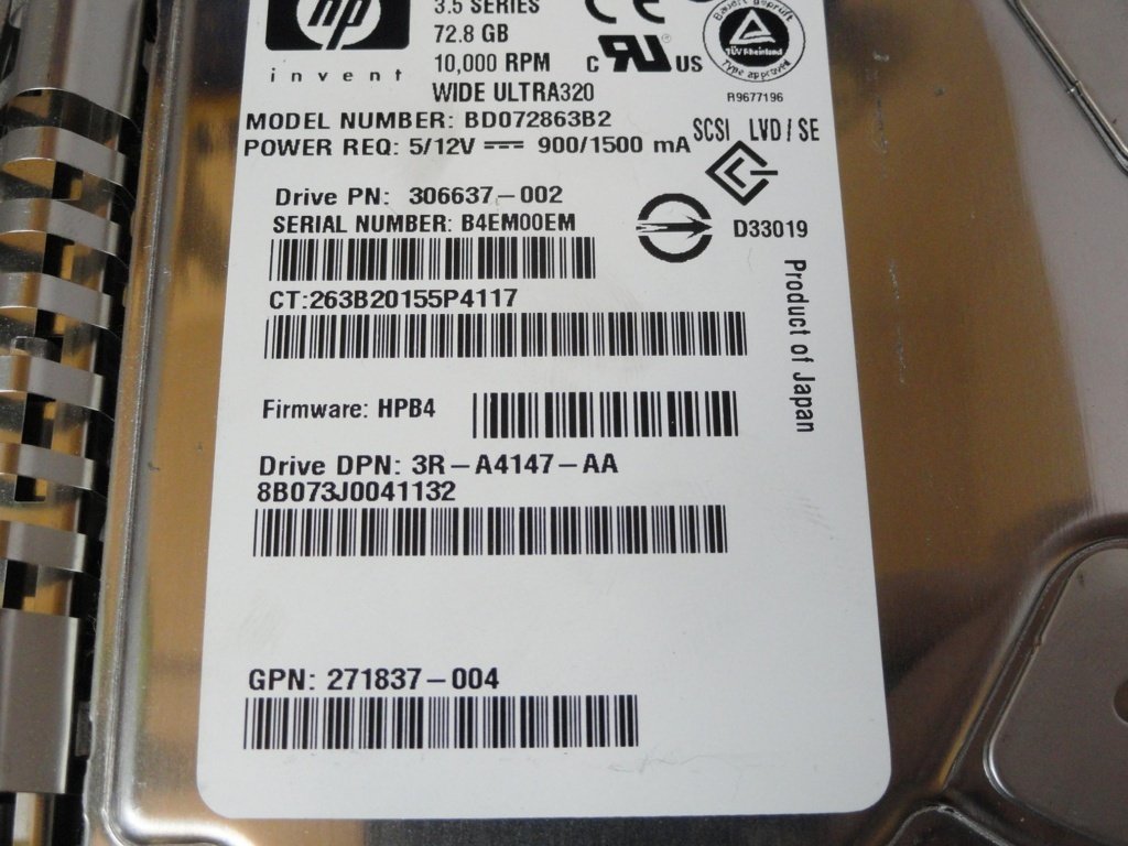 Maxtor HP 72GB SCSI 80 Pin 10Krpm 3.5in HDD in Caddy ( 8B073J0 306637-002 BD072863B2 271837-004 3R-A4147-AA 289042-001 ) REF