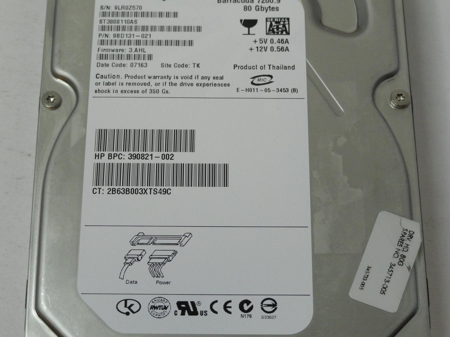 Seagate HP 80GB SATA 7200rpm 3.5in HDD ( ST3808110AS  9BD131-021 390821-002 345713-005 ) REF