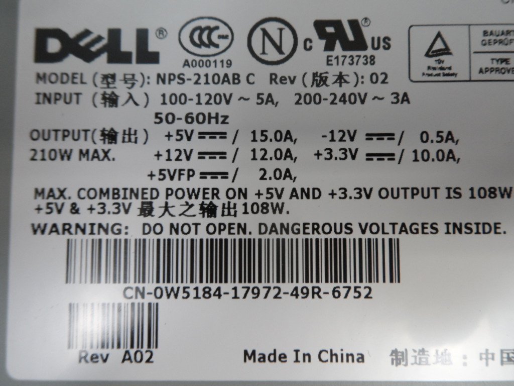 Dell Optiplex 210W Power Supply 240 VAC 3A ( NPS-210AB C 0W5184 ) USED