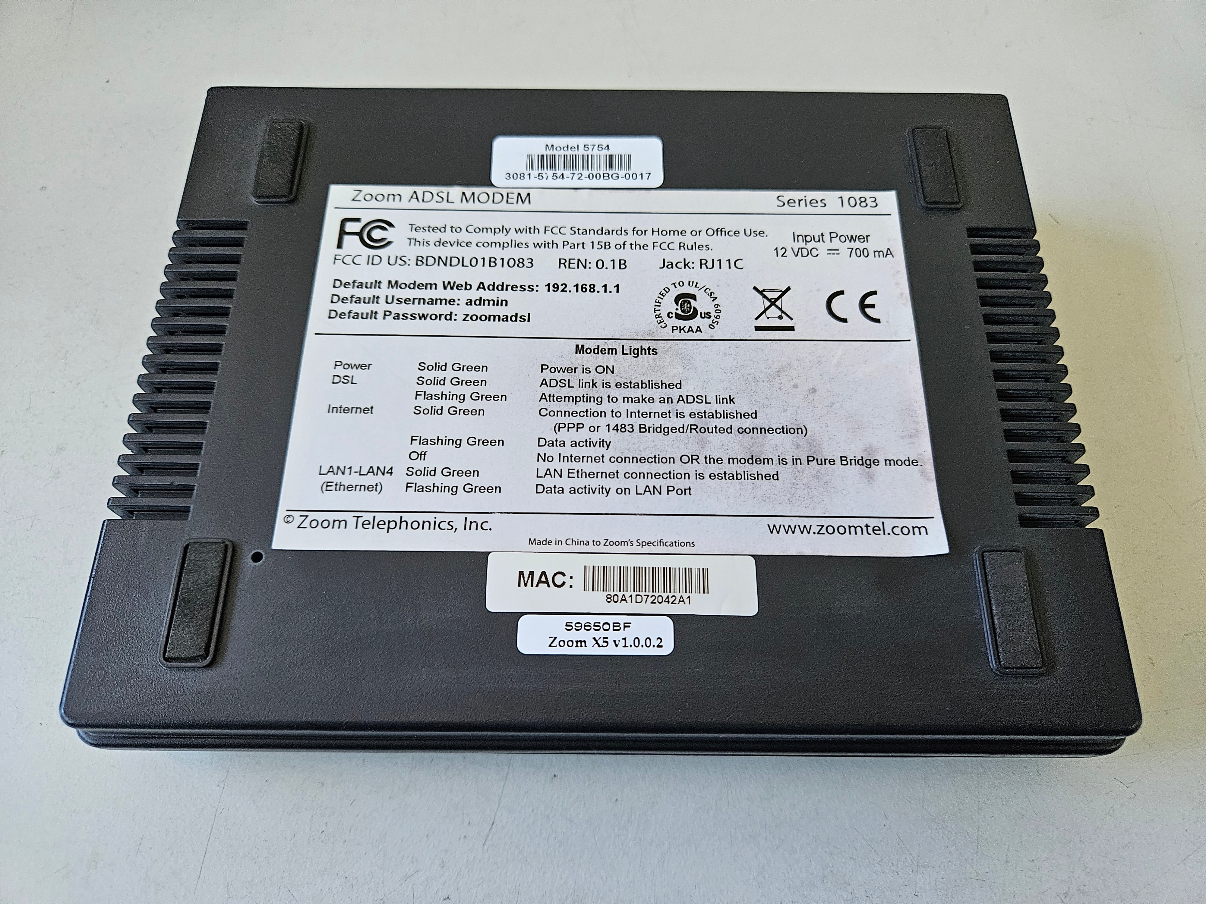 Zoom ADSL X5 Series 1083 Modem W/PSU ( 5754 ) USED