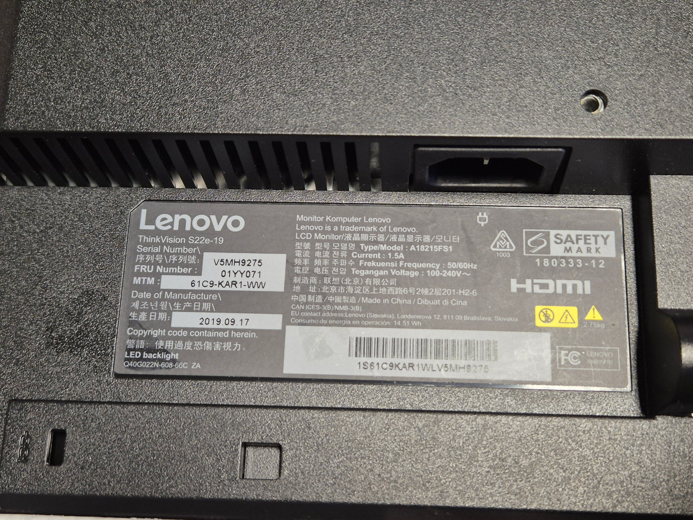 Lenovo ThinkVision S22e-19 21.5” Full HD Monitor - BOXED w/ stand ( 01YY071 ) USED