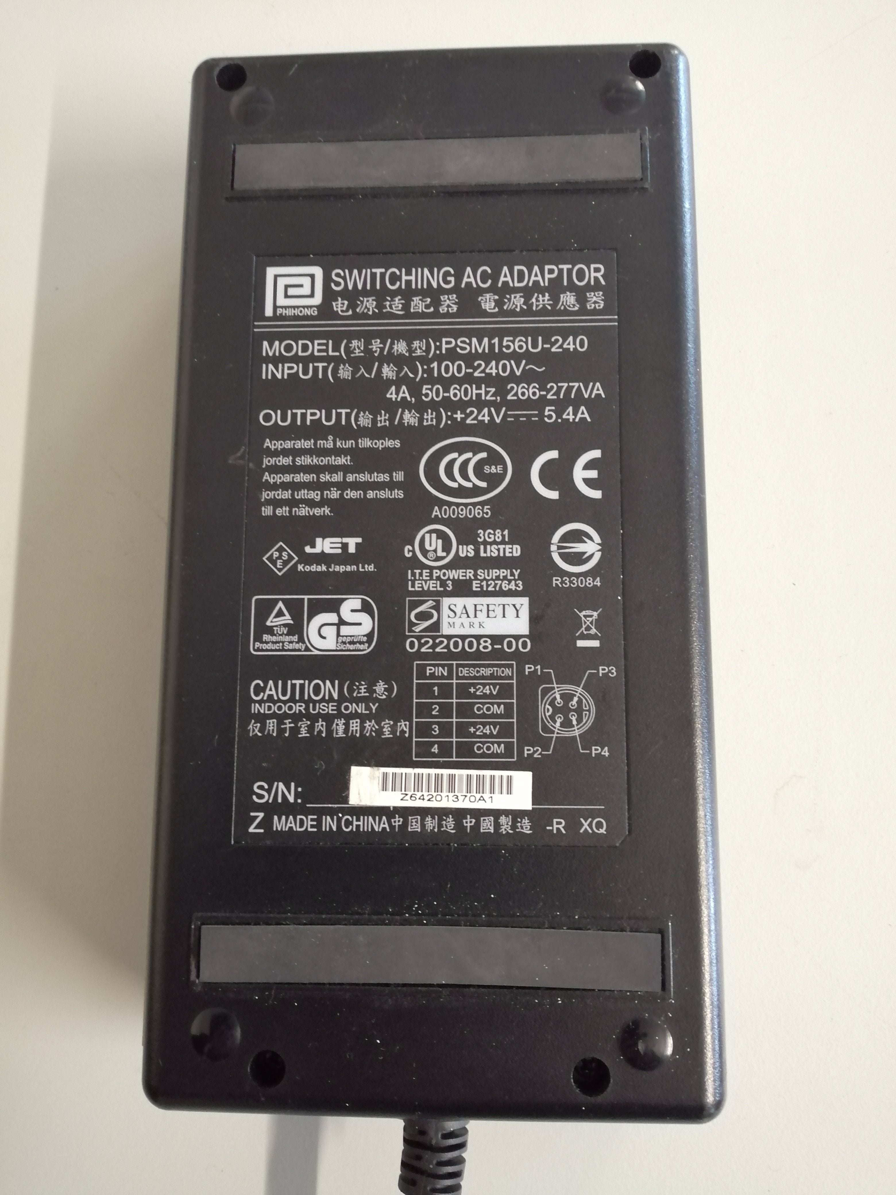PHIHONG AC ADAPTOR PSM156U-240 IN 240V OUT 24V 4 PIN ( PSM156U-240 USED )