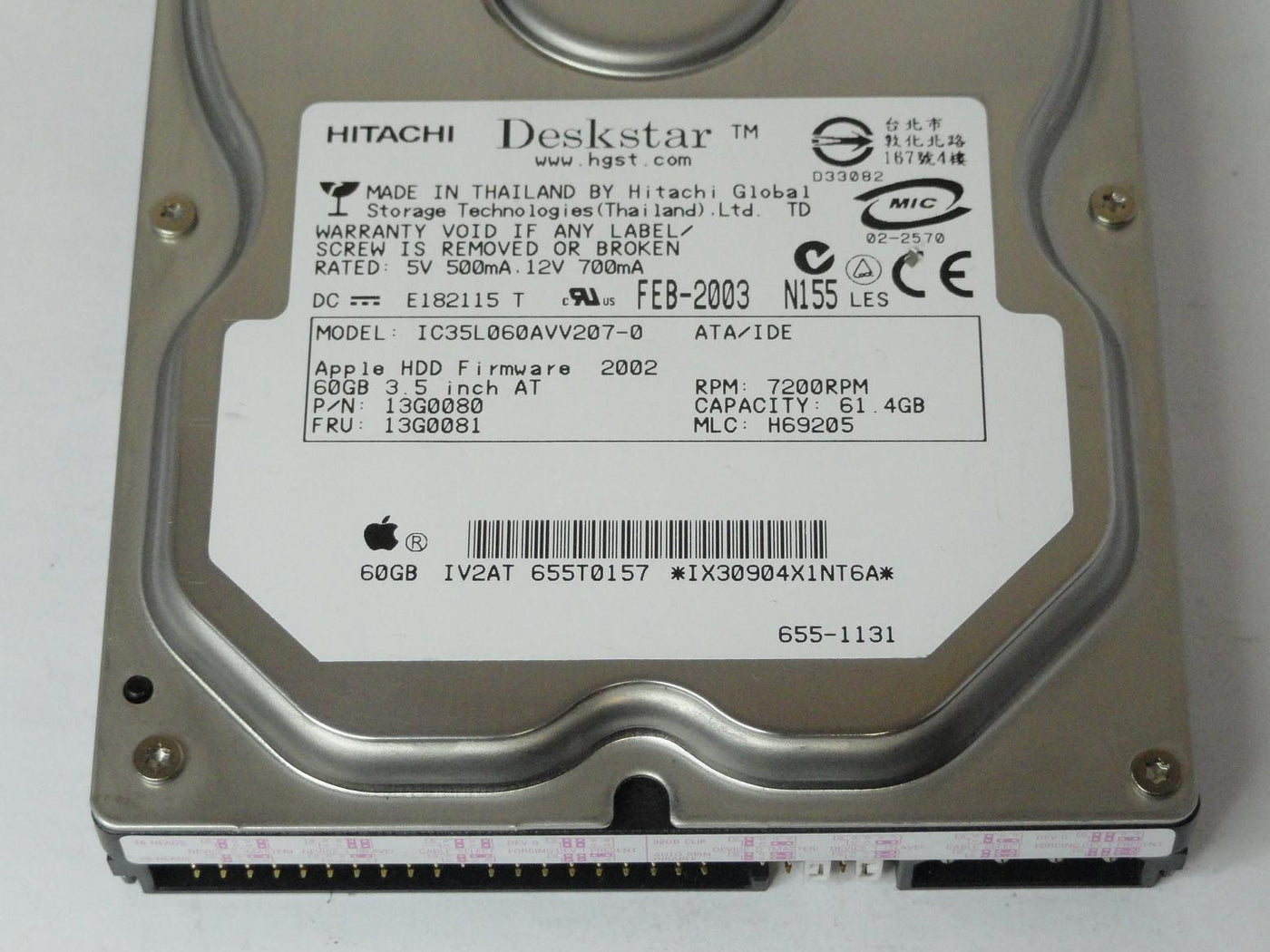 Hitachi Apple 61.4GB IDE 7200rpm 3.5in HDD ( 13G0080 IC35L060AVV207-0 13G0081 655-1131 655T0157 ) REF