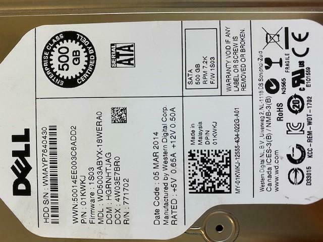 Dell Western Digital 500GB 7200RPM SATA 3.5" HDD ( 01KWKJ WD5003ABYX ) REF