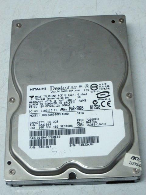 Hitachi 80GB SATA 7200rpm 3.5in HDD ( HDS728080PLA380 0A31914 ) REF