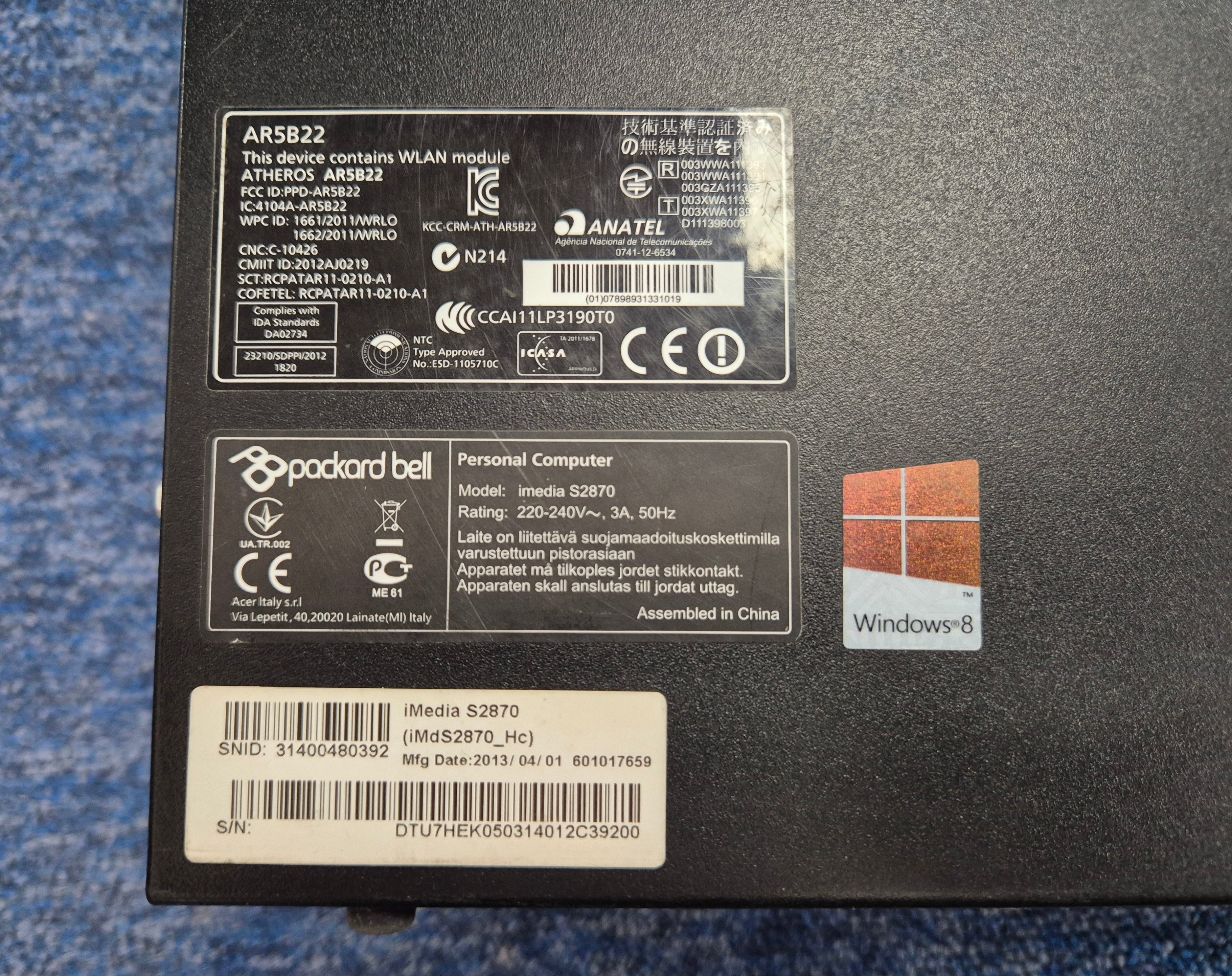 Packard Bell iMedia S2870 500GB HDD DVD 8GB RAM i3-3220 3.3GHz Win10 PC ( iMdS2870_Hc ) USED