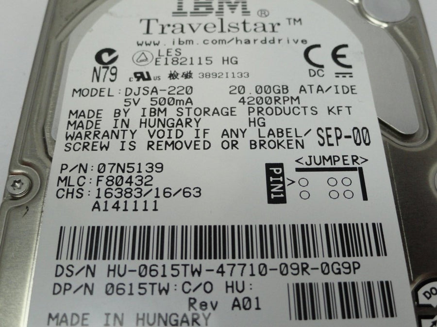 07N5139 - IBM Dell Travelstar 20Gb IDE 4200rpm 2.5in HDD - Refurbished