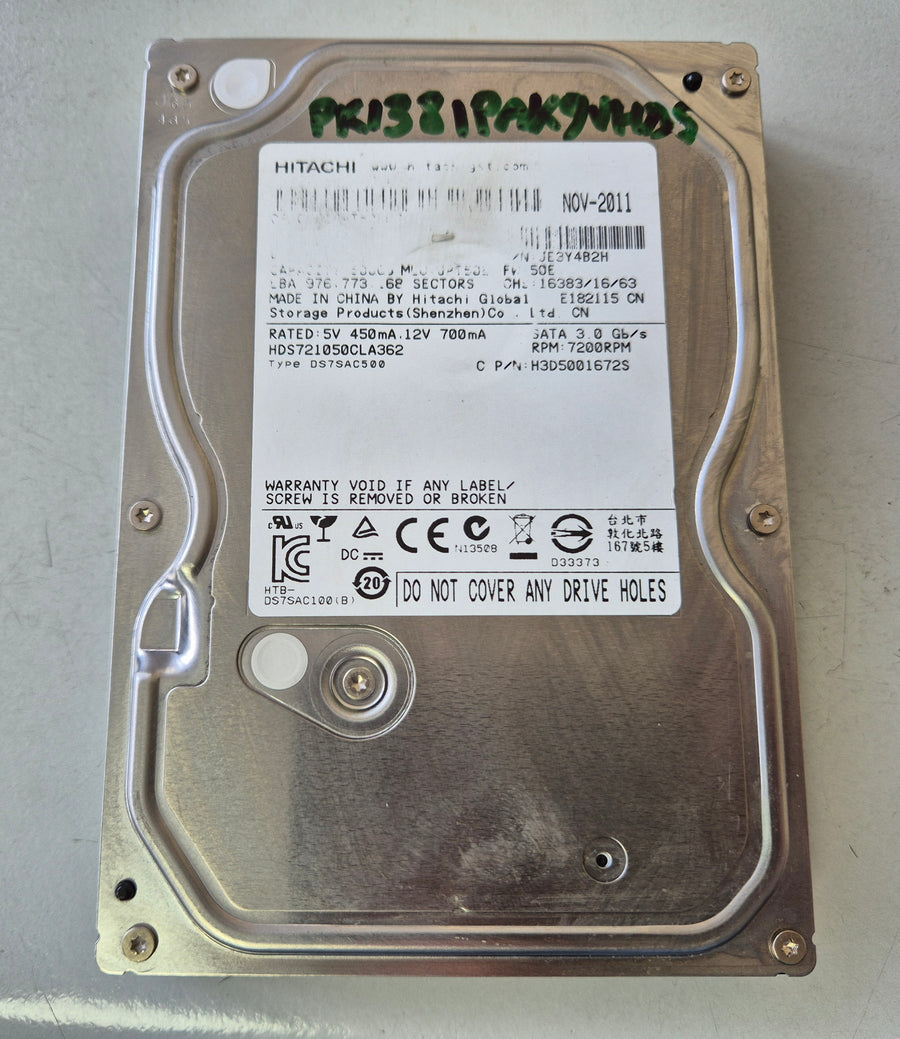 Hitachi 500GB SATA 7200RPM 3.5" Hard Drive ( HDS721050CLA362 ) USED