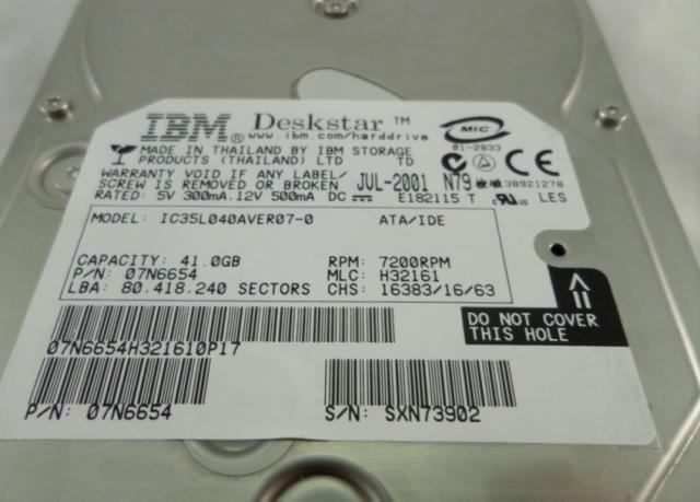 IBM 41GB 7200RPM IDE HDD ( IC35L040AVER07-0 07N6654 ) USED