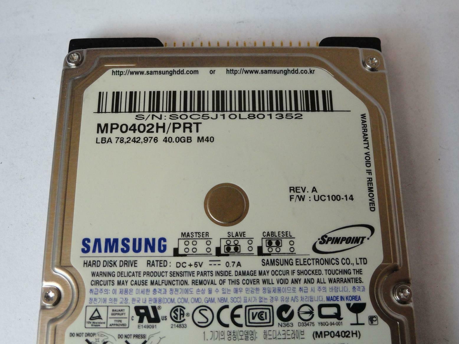 Samsung 40Gb IDE 5400rpm 2.5in HDD ( MP0402H/PRT ) REF