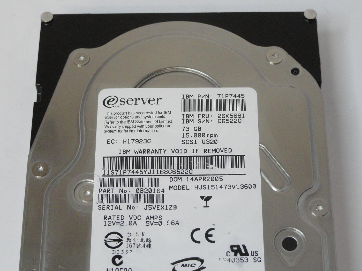 PR15804_0B20164_Hitachi IBM 73GB SCSI 68 Pin 15Krpm 3.5in HDD - Image2