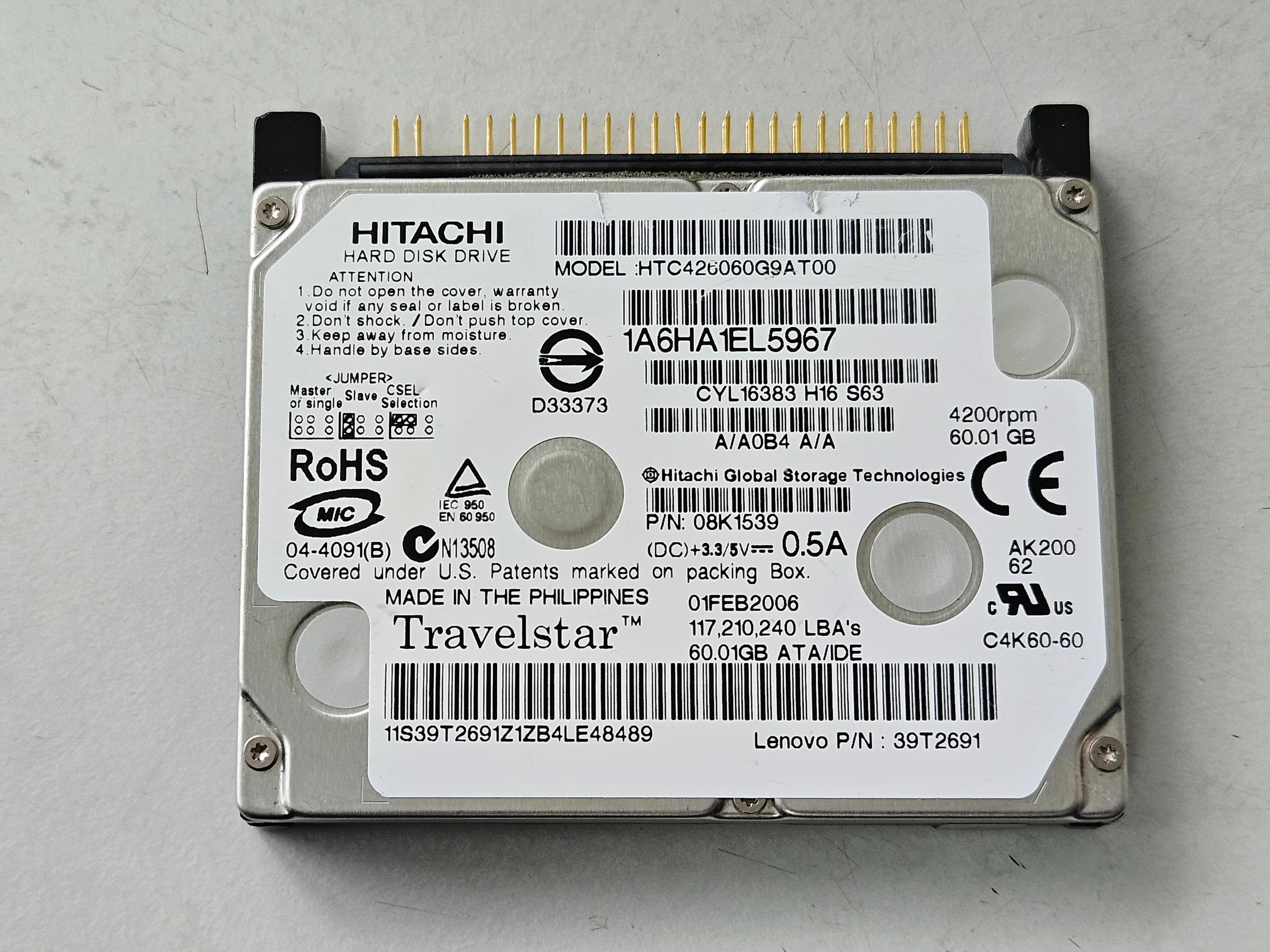Hitachi Lenovo 60GB 4200RPM IDE 1.8in HDD ( HTC426060G9AT00 08K1539 39T2691 ) REF