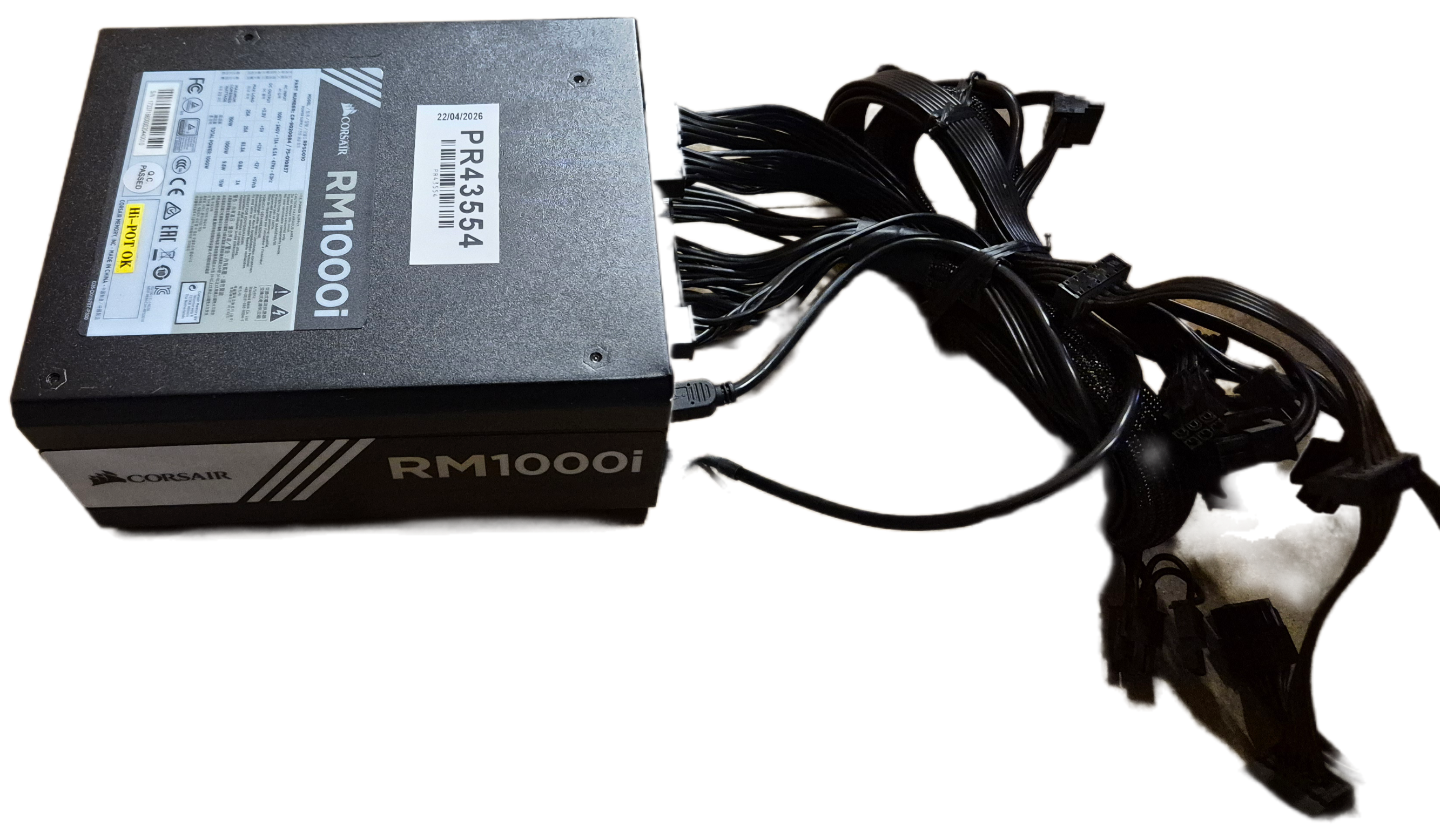 Corsair RM1000i 1000W Fully Modular PSU + Cables ( CP-9020084 75-010837 RPS0010 ) USED