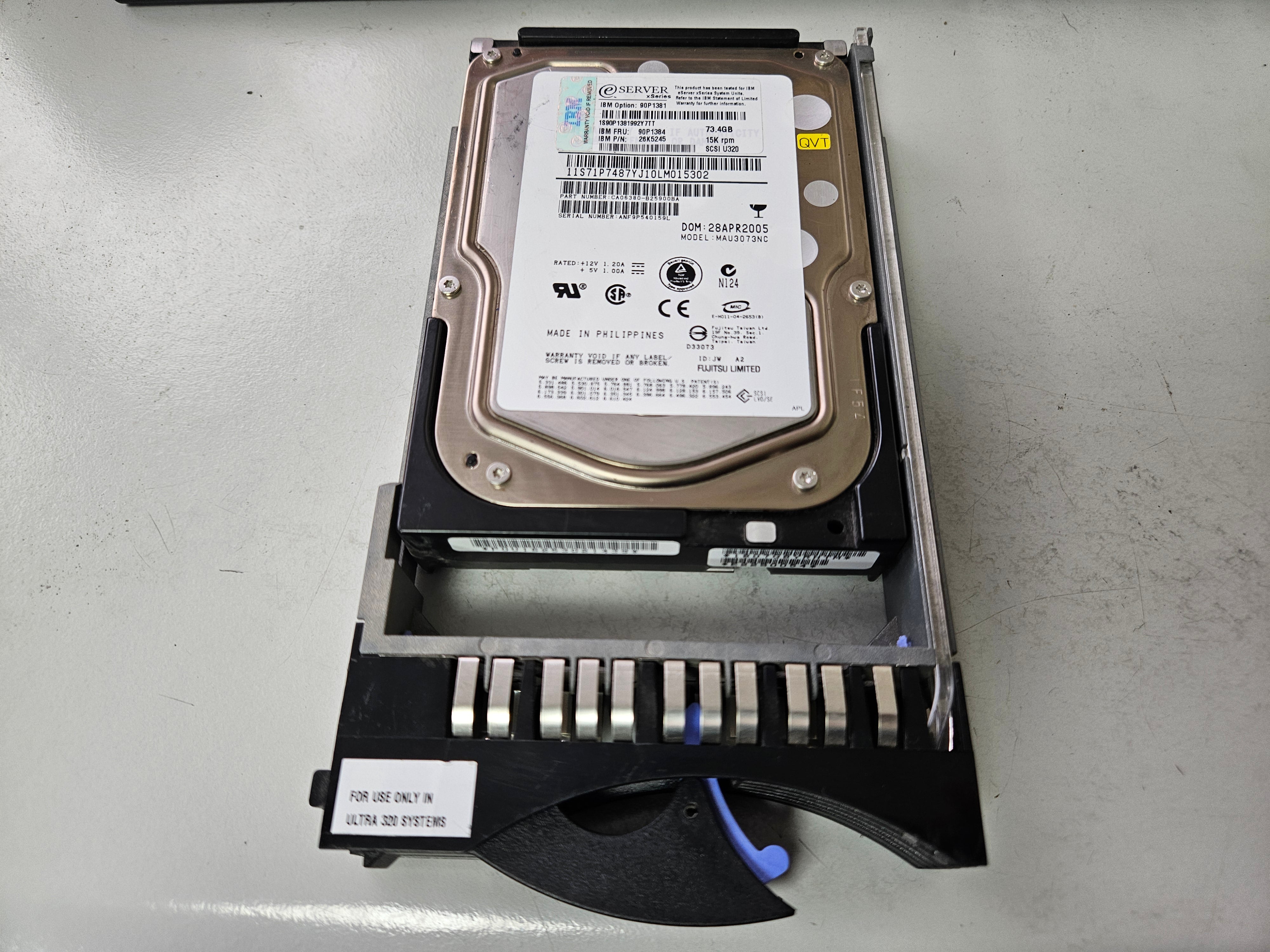 IBM Fujitsu 73.4GB 15K U320 SCSI 80Pin 3.5" HDD in Caddy ( CA06380-B25900BA MAU3073NC 26K5245 90P1384 90P1381 ) USED