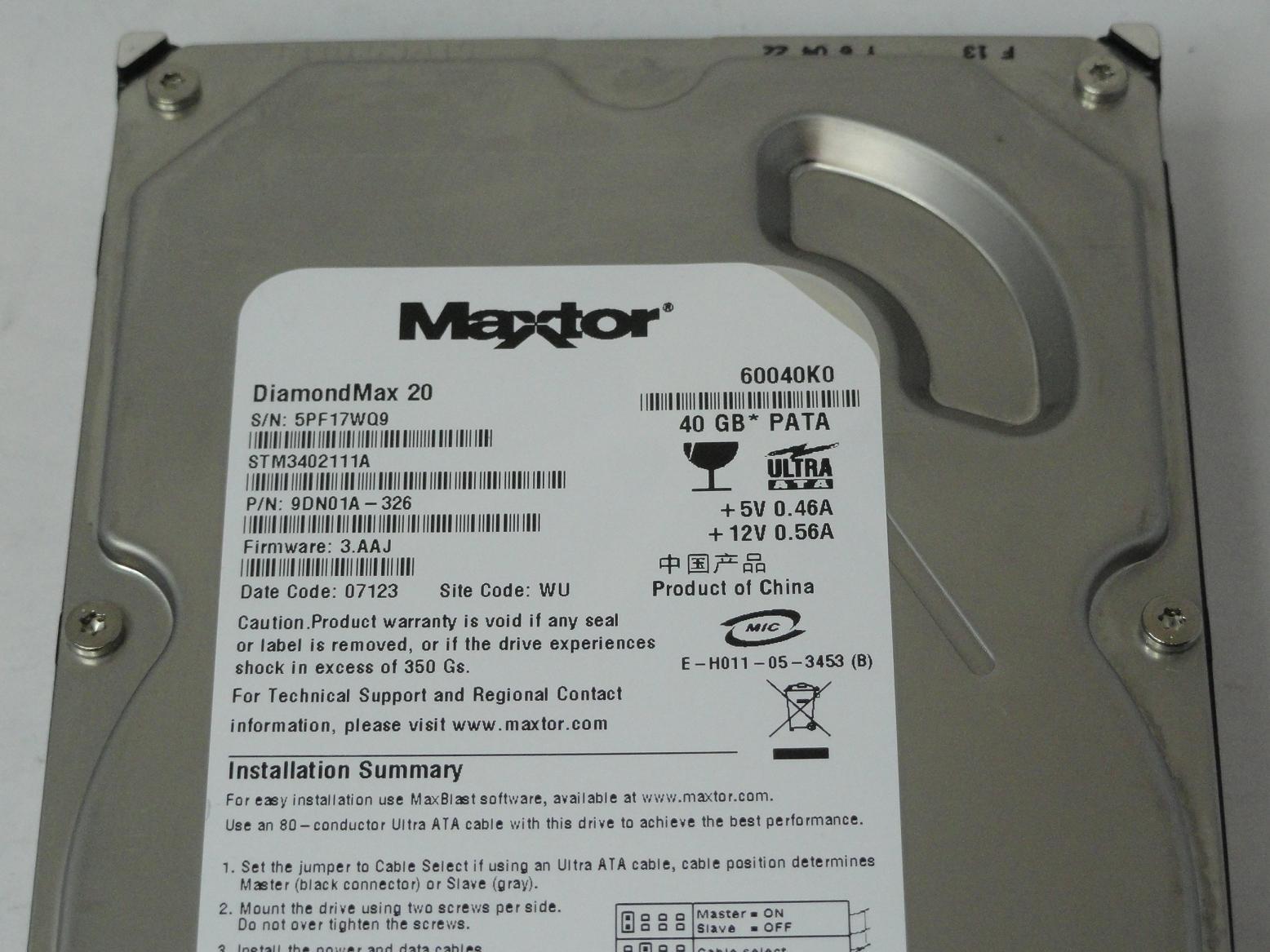 PR05646_9DN01A-326_Maxtor 40GB IDE 7200rpm 3.5in HDD - Image3