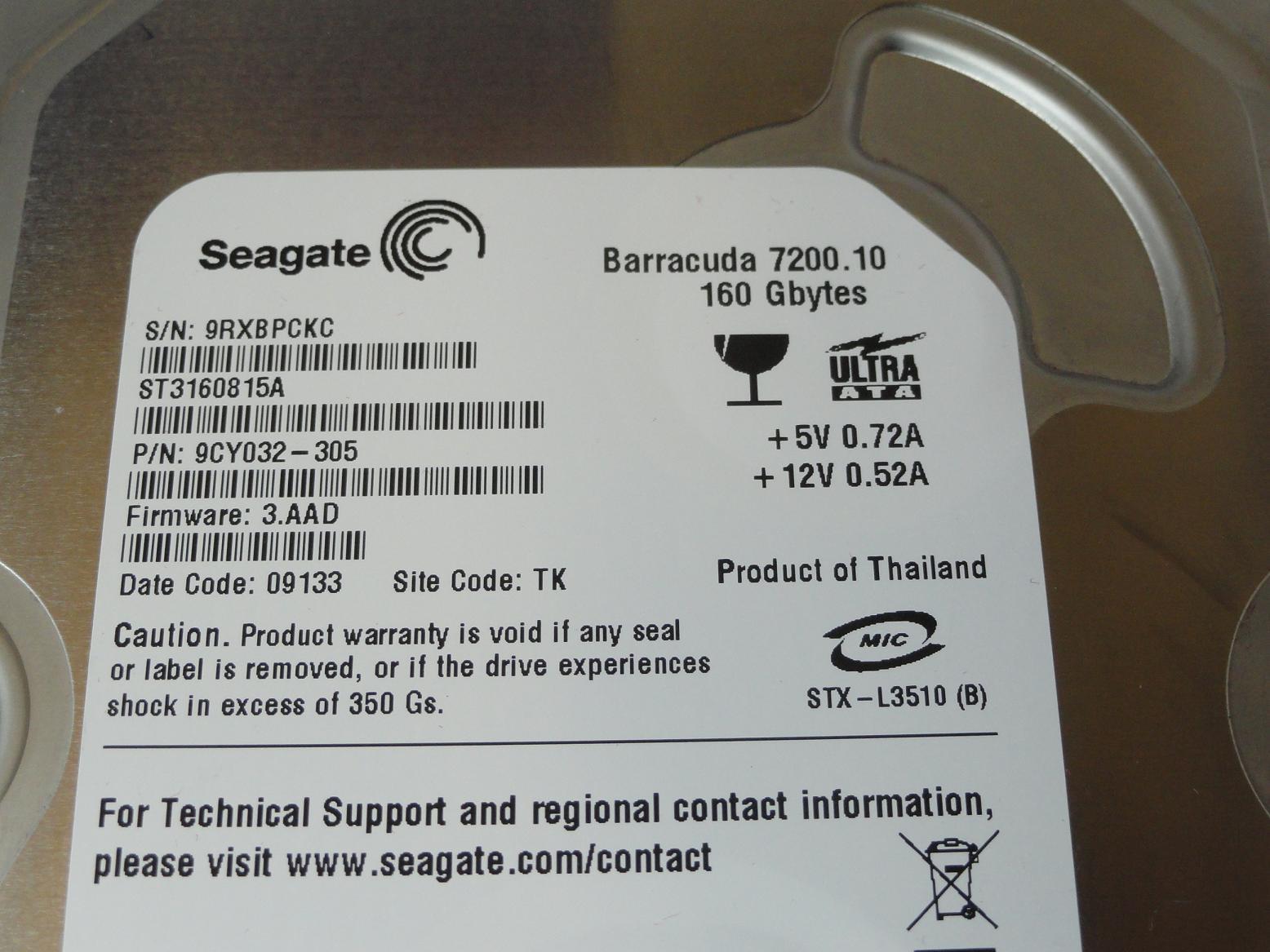 PR23391_9CY032-305_Seagate 160GB IDE 7200rpm 3.5in HDD - Image2