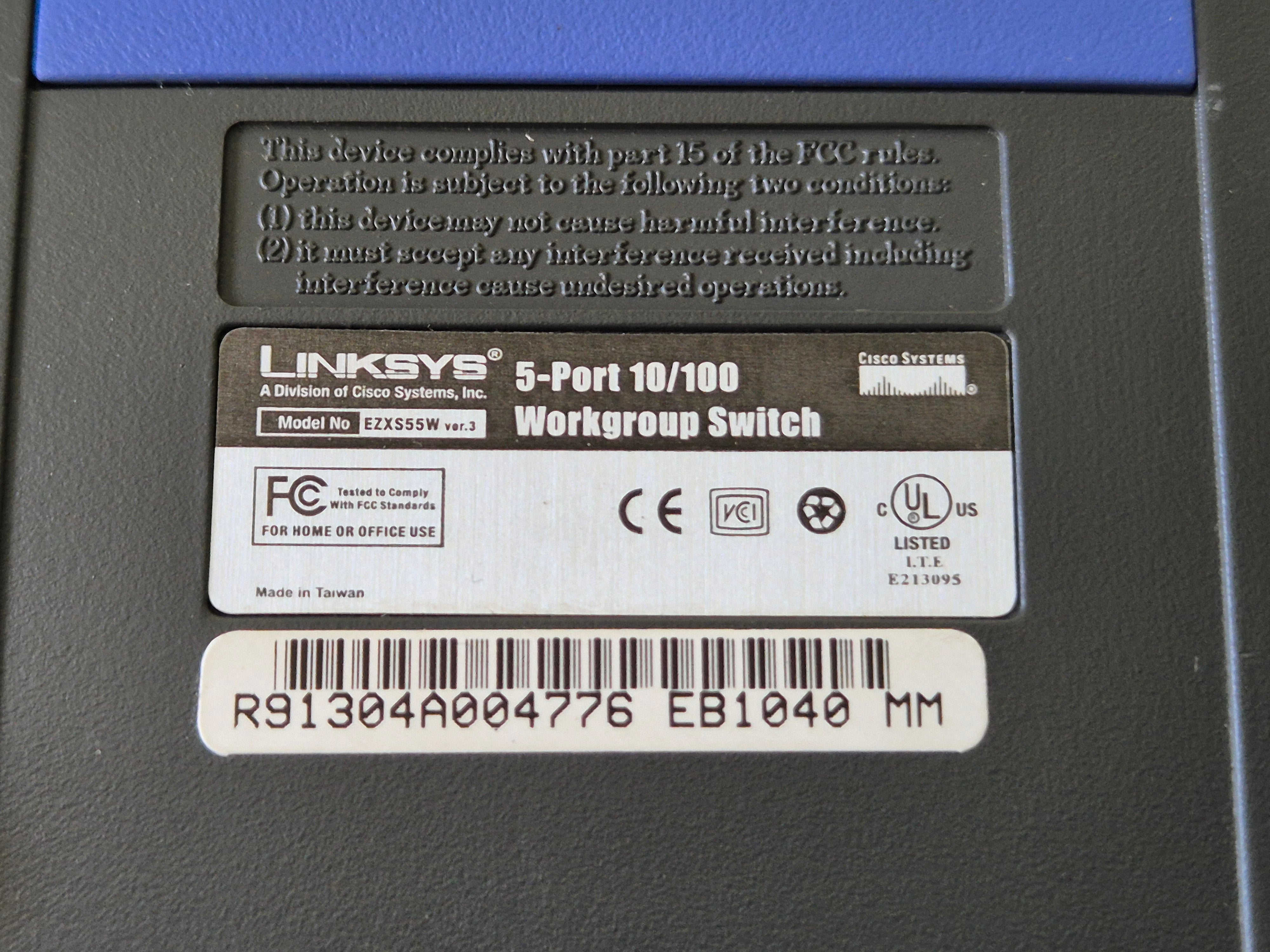 Linksys 5port 10/100 Workgroup Switch Ver.3 WITH PSU ( EZXS55W ) REF
