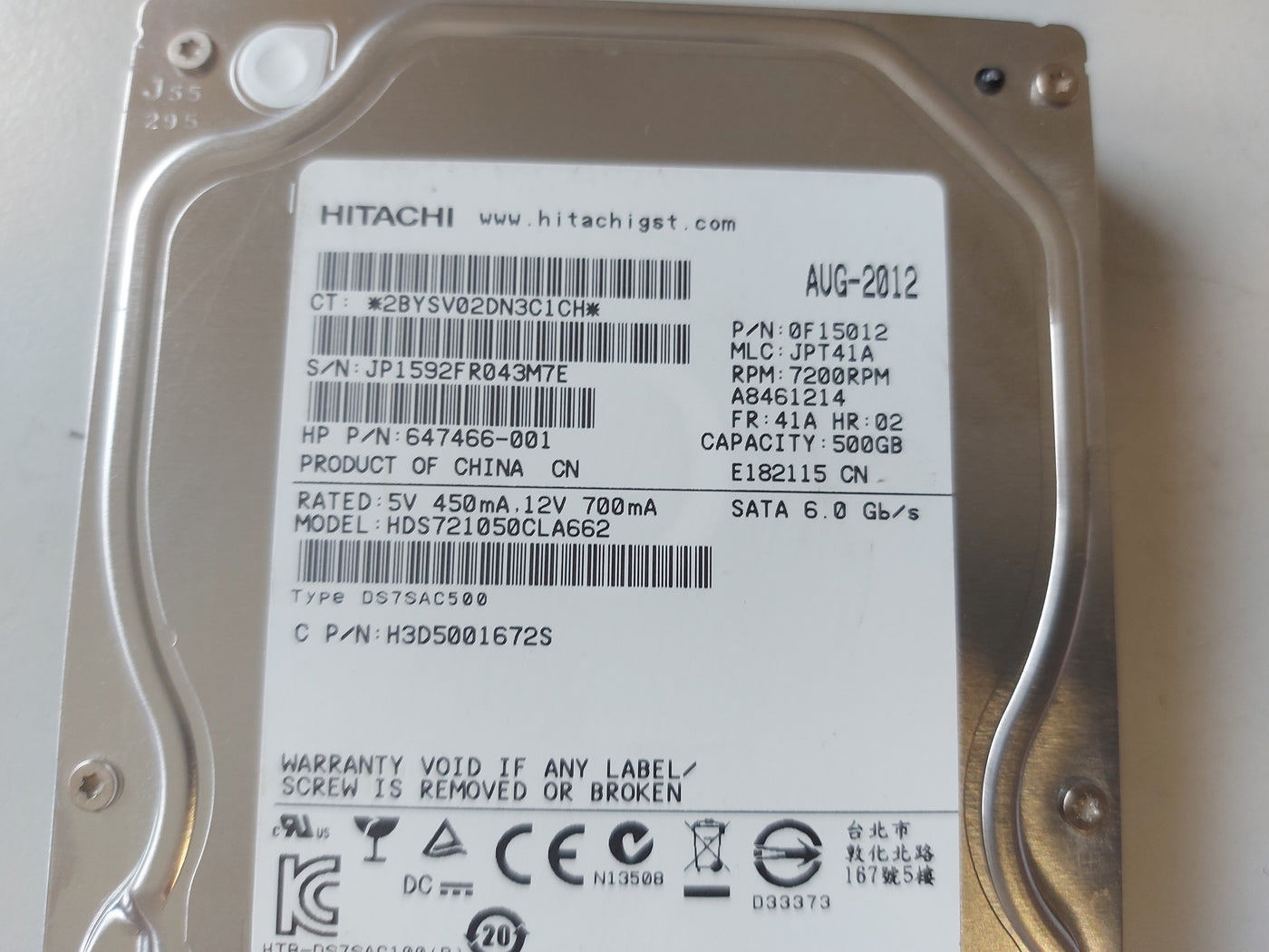 Hitachi HP 500GB SATA 7200rpm 3.5in HDD ( HDS721050CLA662 0F15012 647466-001 636929-001 ) REF