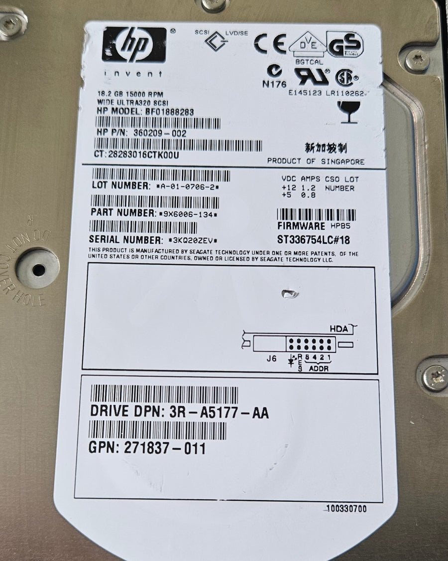 HP Dell Seagate 18.2GB 3.5" SCA80 HDD ( 360209-002 BF01888283 3R-A5177-AA 271837-011 9X6006-134 ST336754LC#18 ) USED 