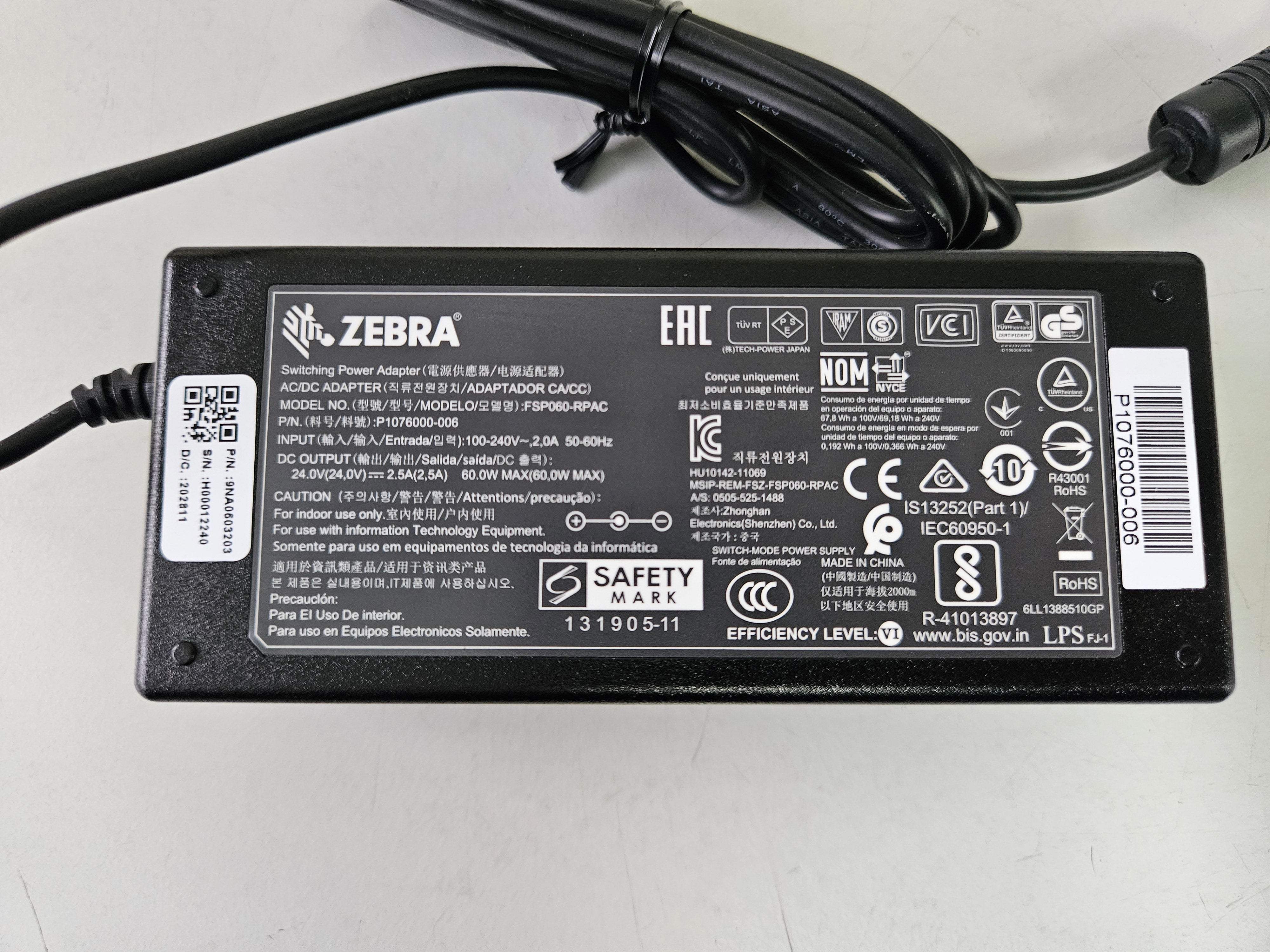 ZEBRA 24V 2.5A 60W SWITCHING POWER ADAPTER ( P1076000-006 ) REF