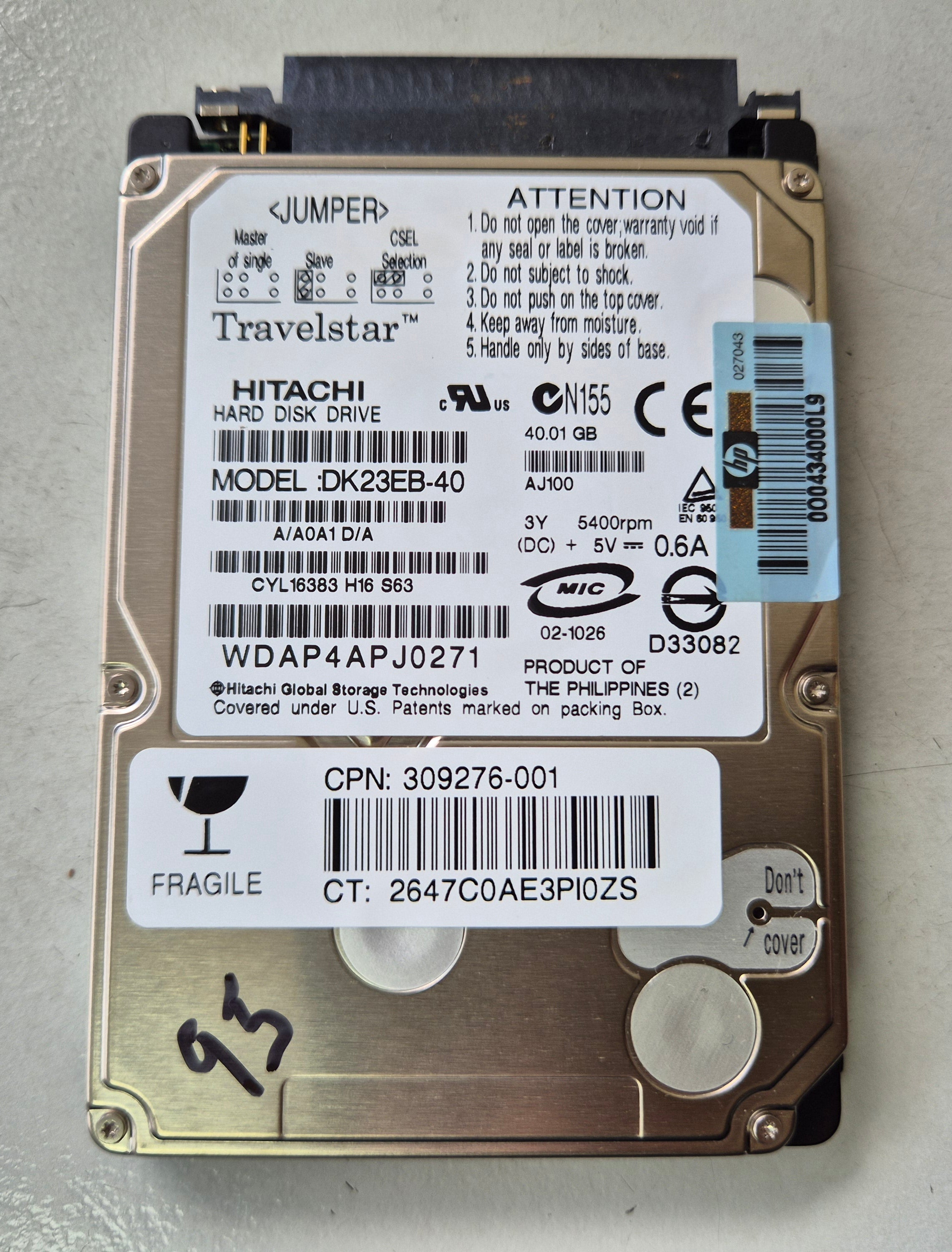 Hitachi HP 40GB 5400RPM ATA-100 2.5in HDD W/ TRAY ( DK23EB-40 309276-001 ) REF