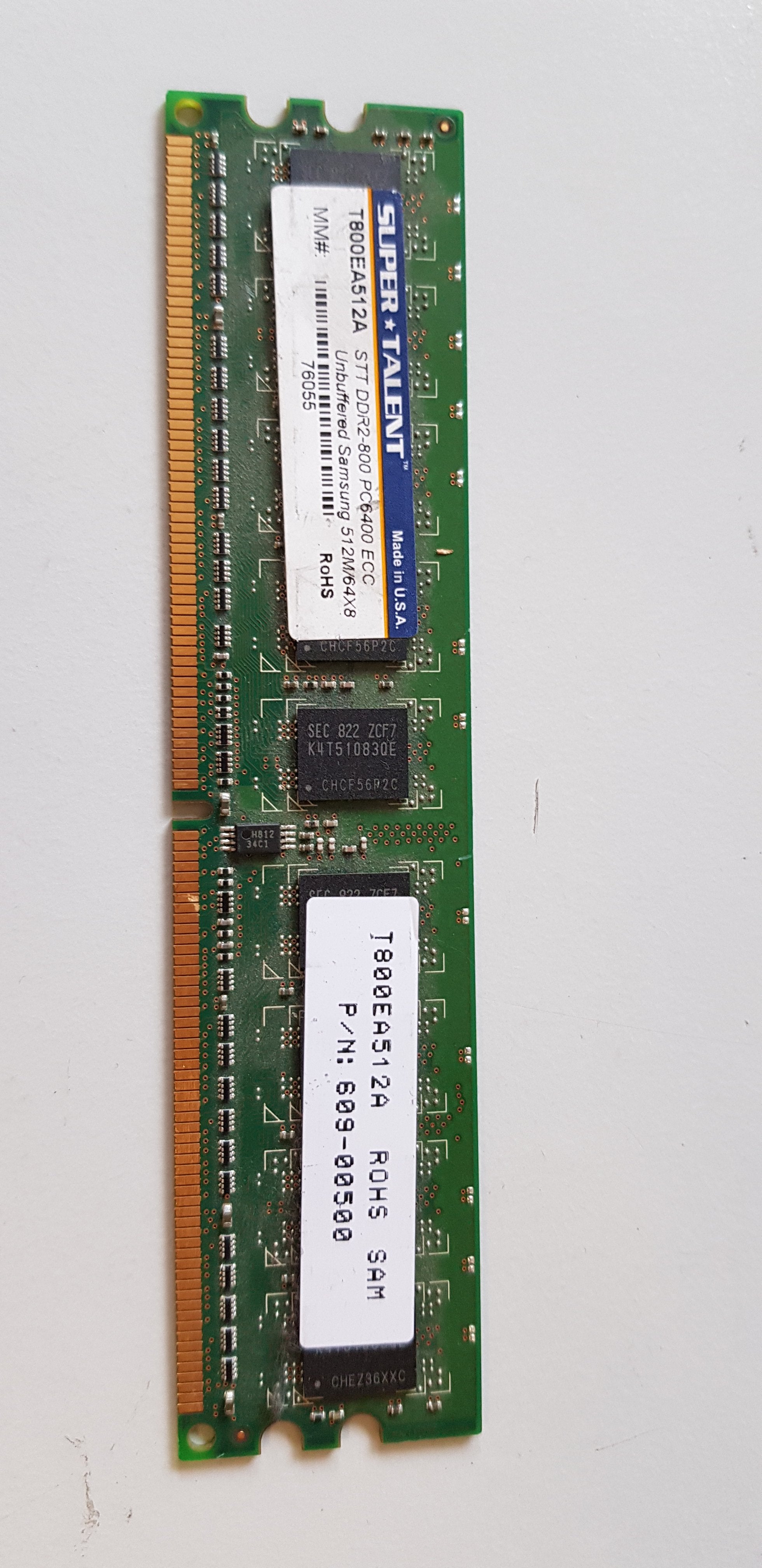 Super Talent 512MB DDR2 ECC unbuffered PC2-6400 800Mhz DIMM ( T800EA512A 609-00500 ) REF