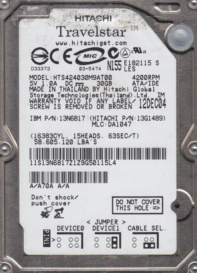 Hitachi IBM 30GB 4200RPM IDE 3.5in HDD ( HTS424030M9AT00 13N6817 13G1489 ) USED