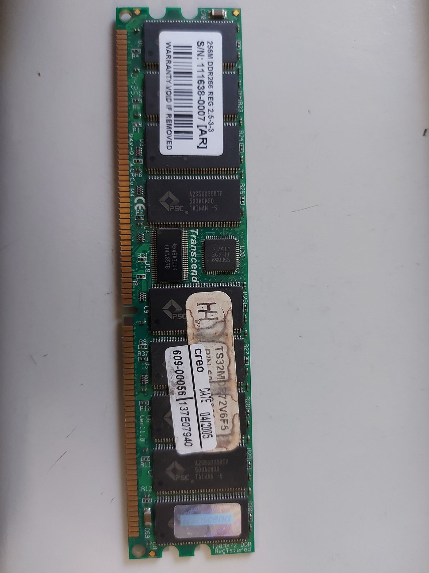 Transcend 256MB DDR266MHz PC2100 Reg ECC CL2.5 184Pin RDIMM Module TS32MDR72V6F5