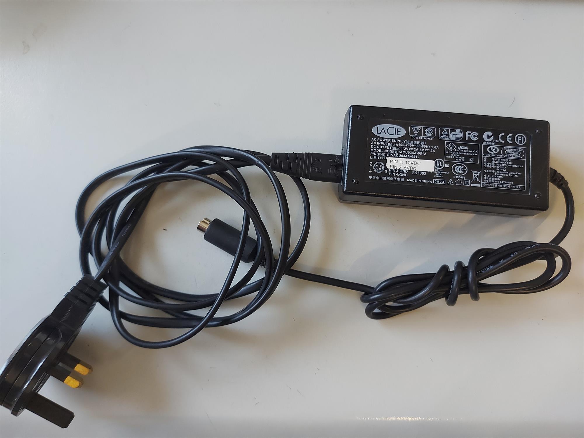 LACIE 12V/5V 2A mains 4-Pin Dual Voltage UK AC Power Supply adapter (GP-ACU034A-0512)