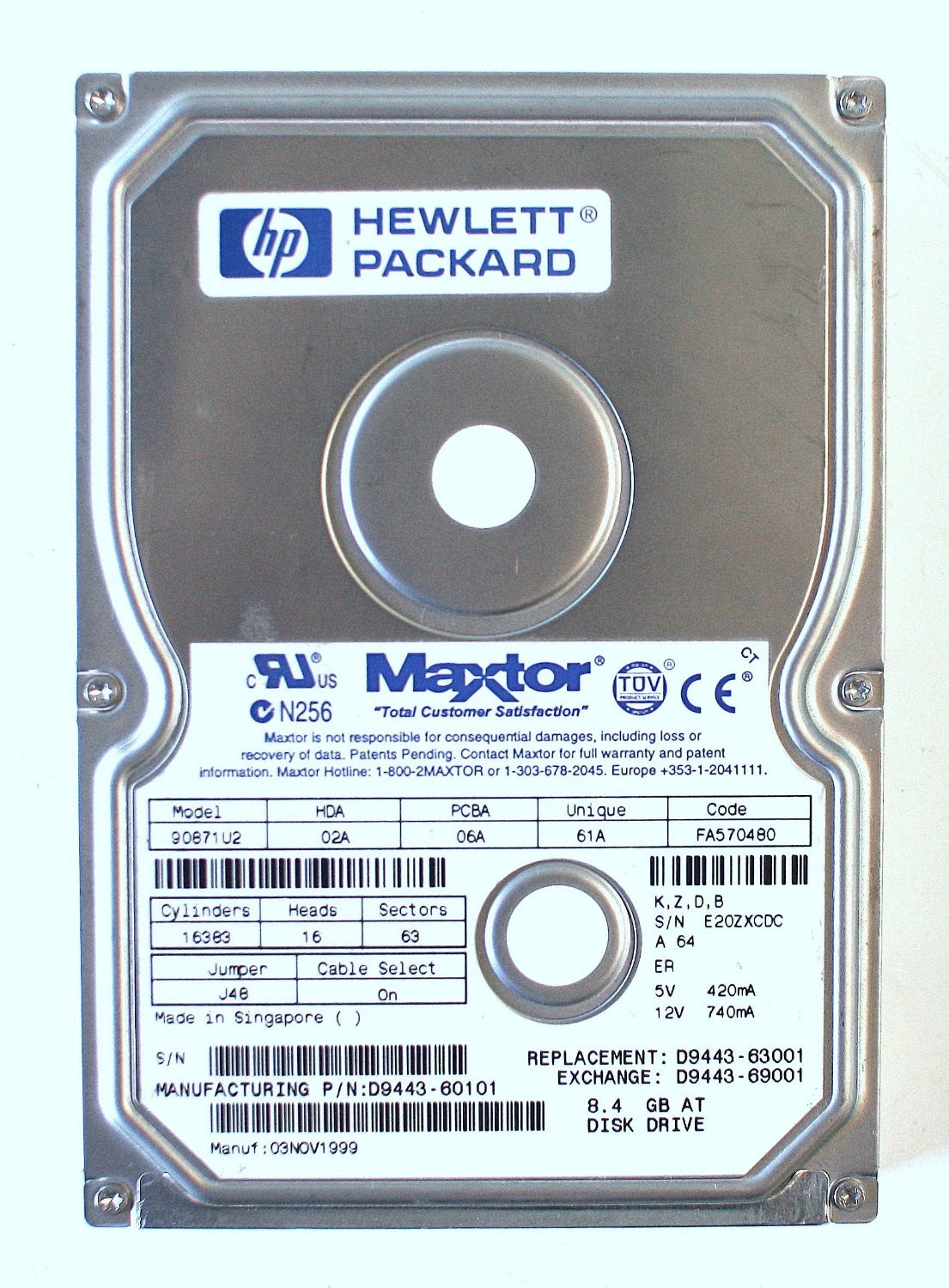 90871U2 - Maxtor HP 8.4GB IDE 5400rpm 3.5in HDD - Refurbished
