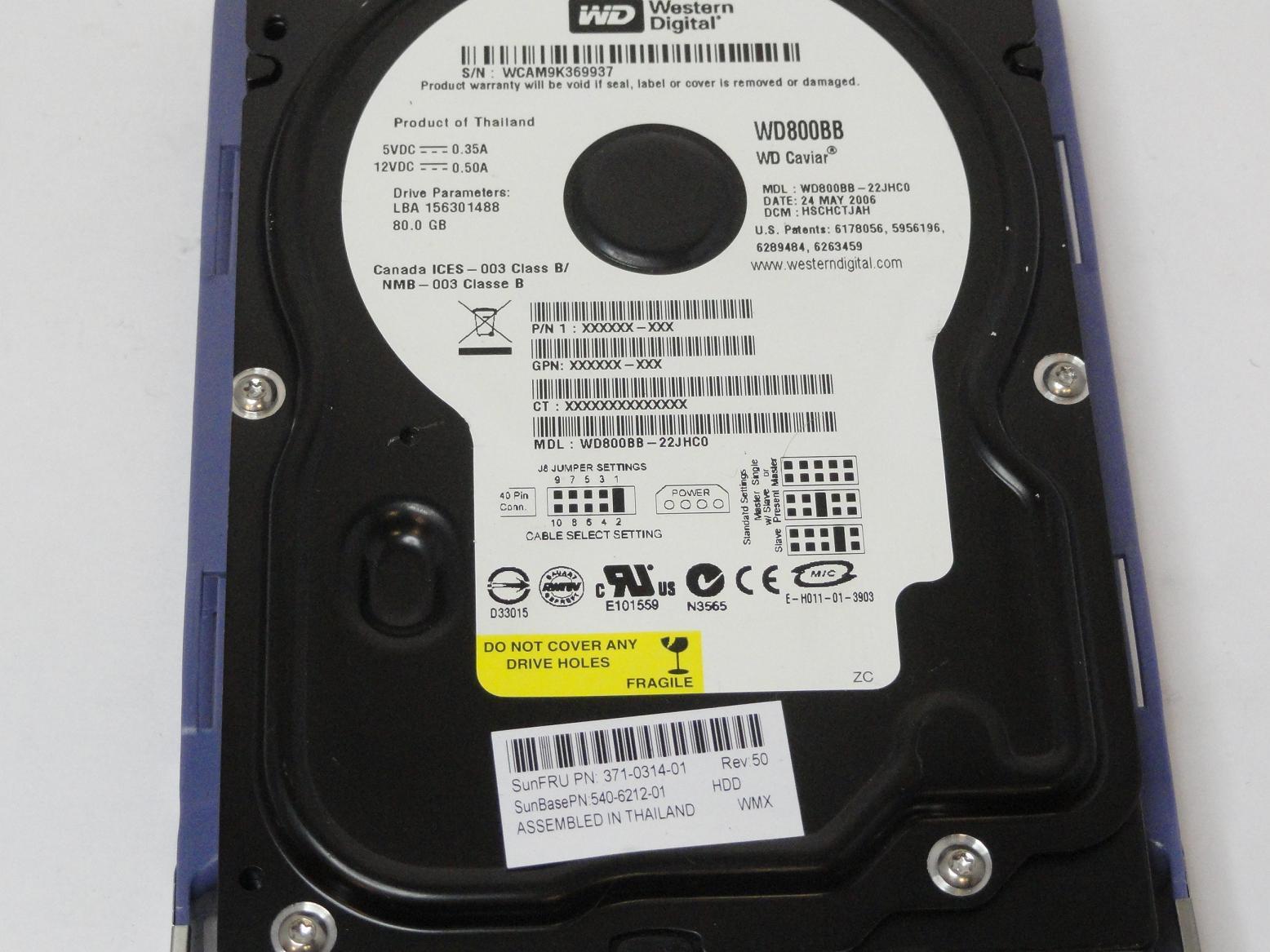 Western Digital Sun 80GB IDE 7200rpm 3.5in HDD in CADDY ( WD800BB-22JHC0 371-0314-01 540-6212-01 ) REF