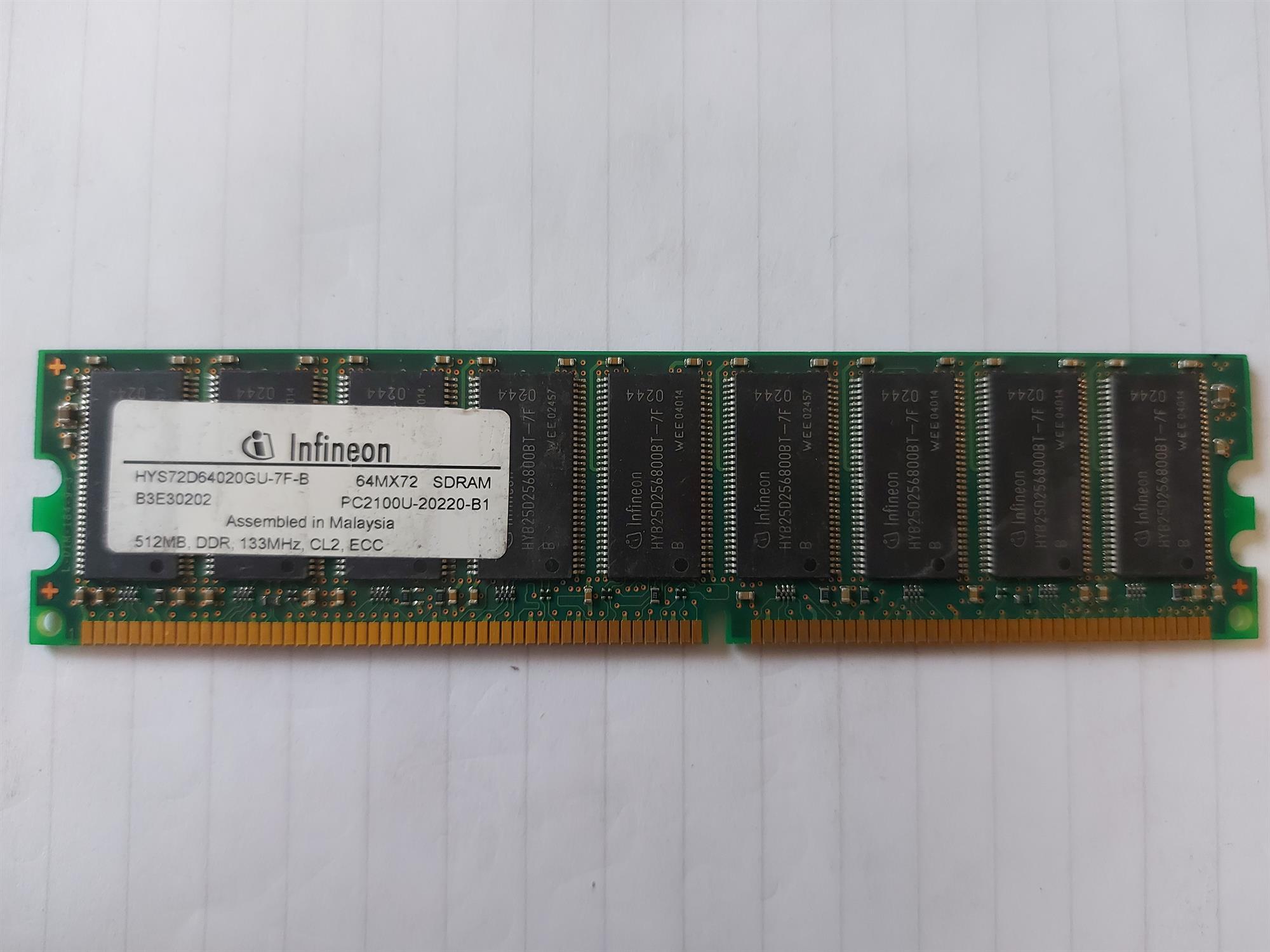 Infineon 512MB DDR-266MHz PC2100 ECC Unbuffered CL2.5 184-Pin DIMM Memory Module (HYS72D64020GU-7F-B)