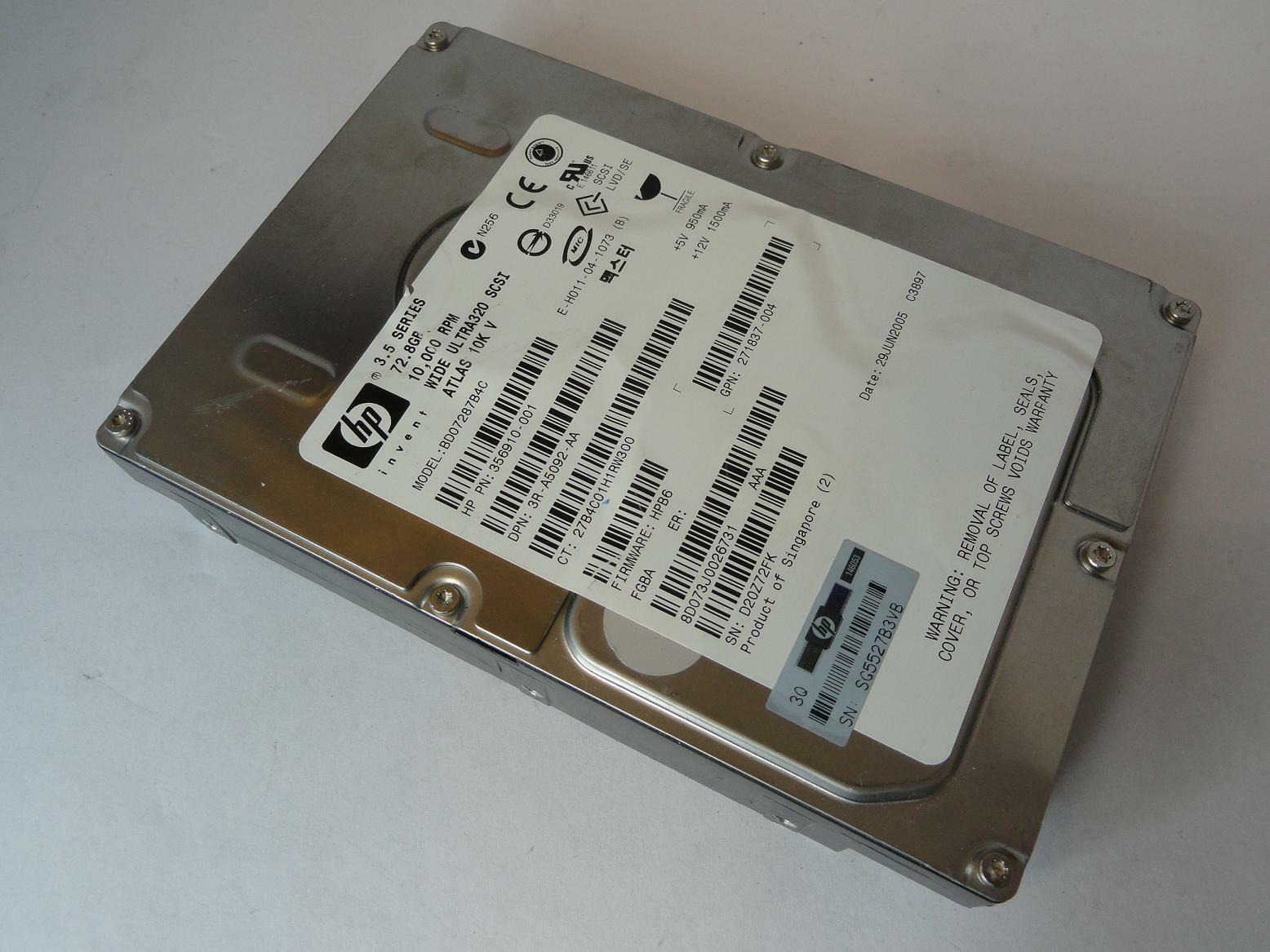 HP Maxtor 72.8Gb SCSI 80 Pin 10kRPM 3.5in HDD ( 8D073J0 356910-001 BD07287B4C 271837-004 3R-A5092-AA ) USED