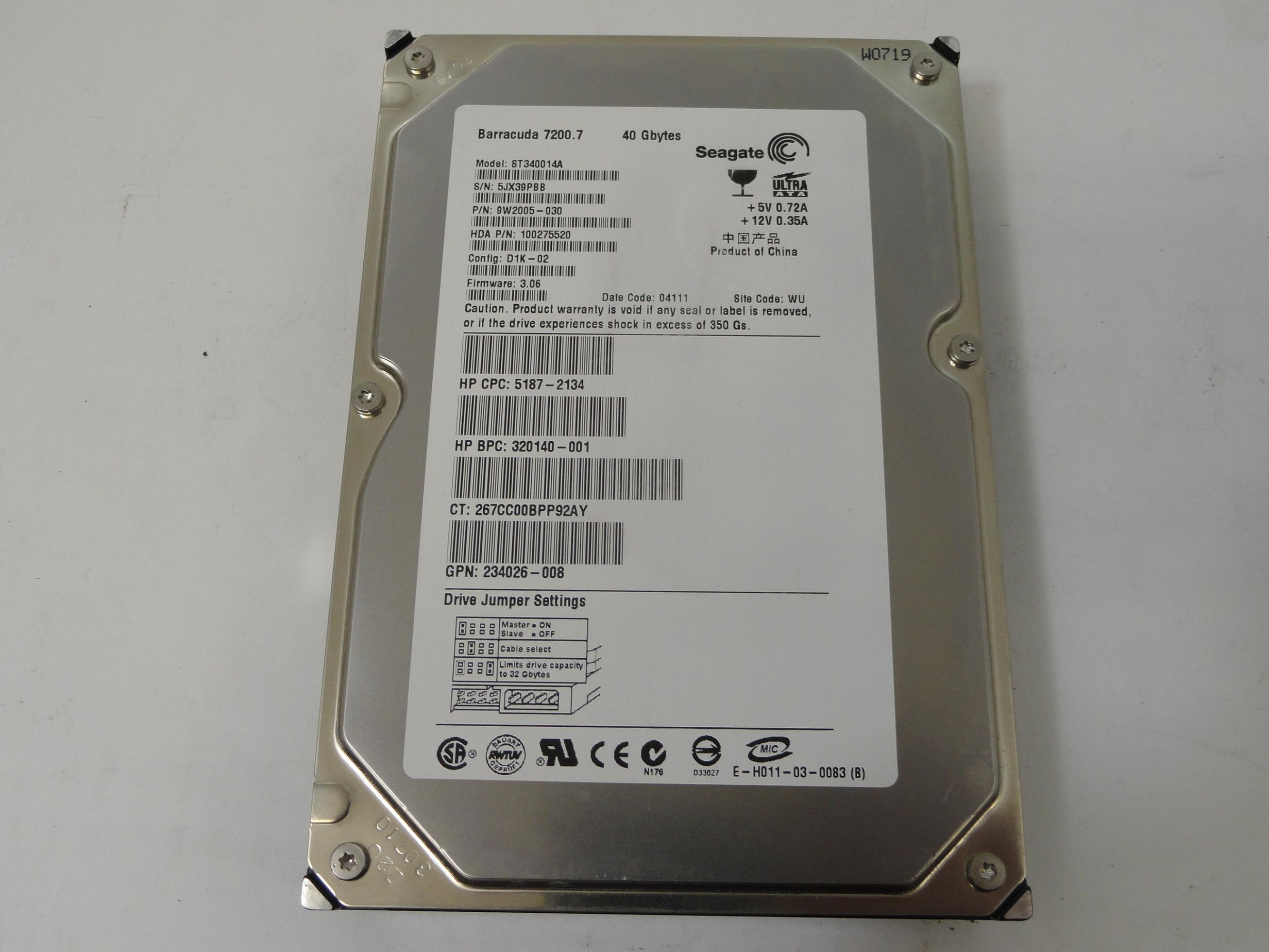 9W2005-030 - Seagate HP 40Gb IDE 3.5" 7200.7Rpm HDD - Refurbished