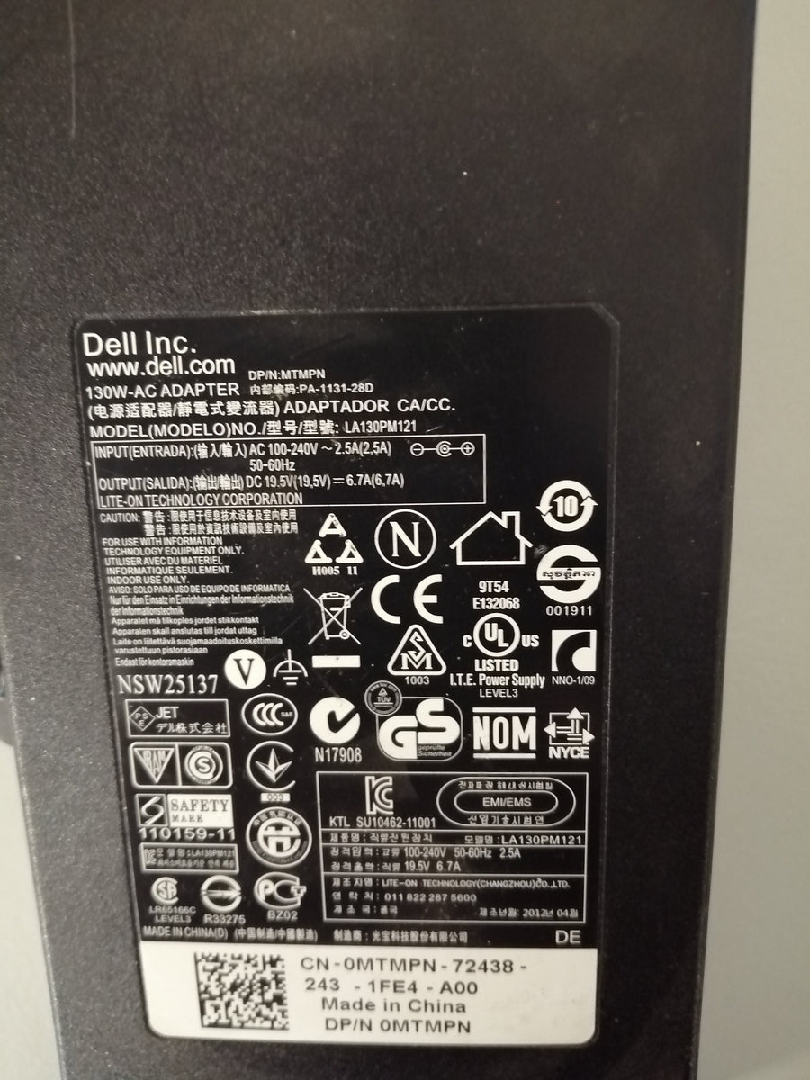 DELL 130W  AC ADAPTER LA130PM121 240 V IN 19.5 V OUT (MTMPN USED )
