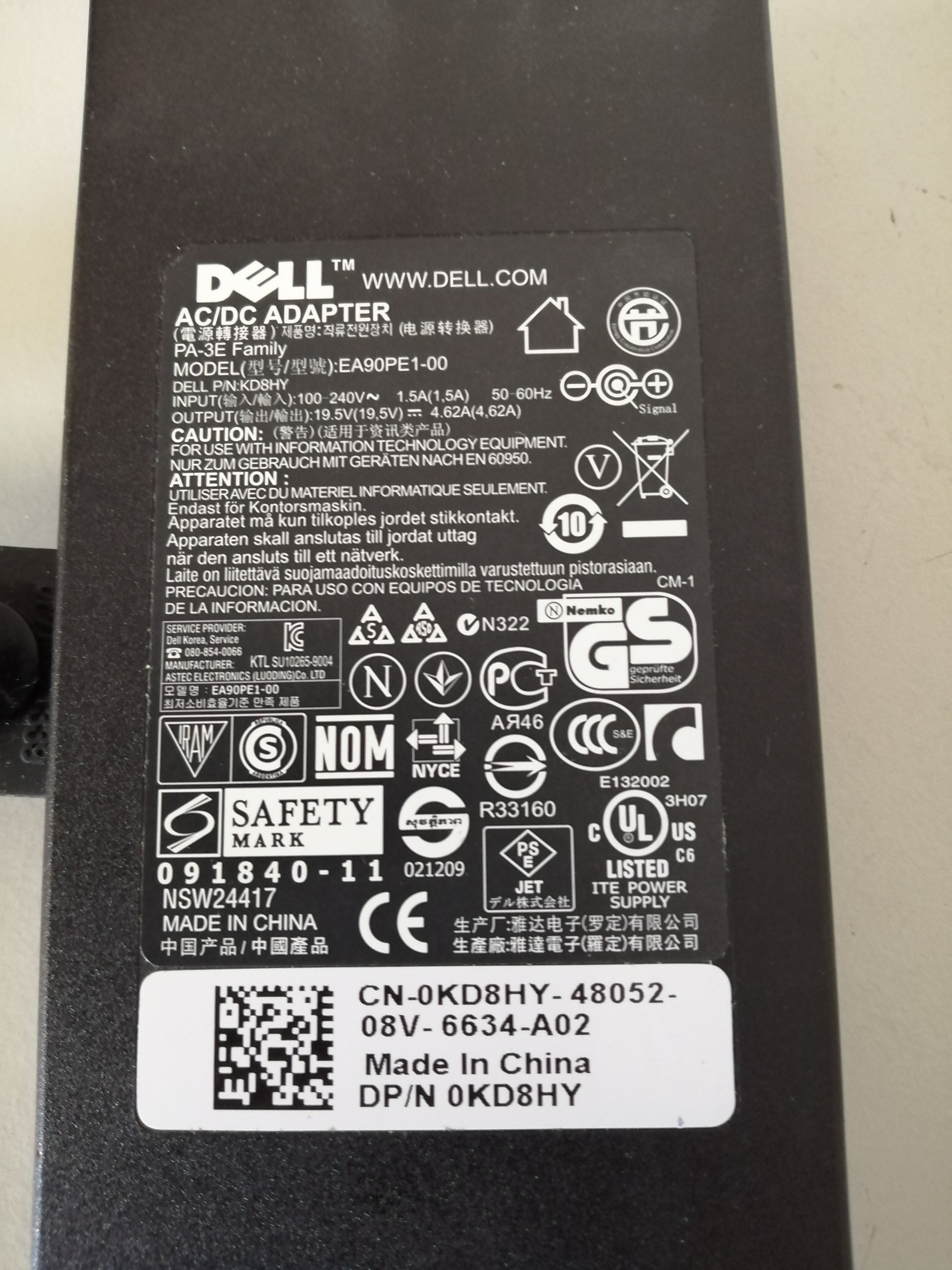 DELL AC ADAPTER PA 3E FAMILY EA90PE1-00 240 IN 19.5 OUT  ( KD8HY USED)