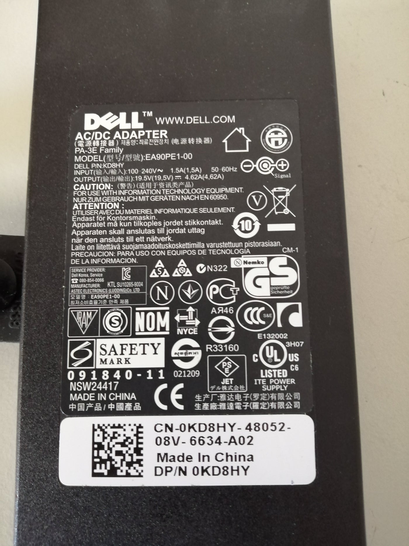 DELL AC ADAPTER PA 3E FAMILY EA90PE1-00 240 IN 19.5 OUT  ( KD8HY USED)