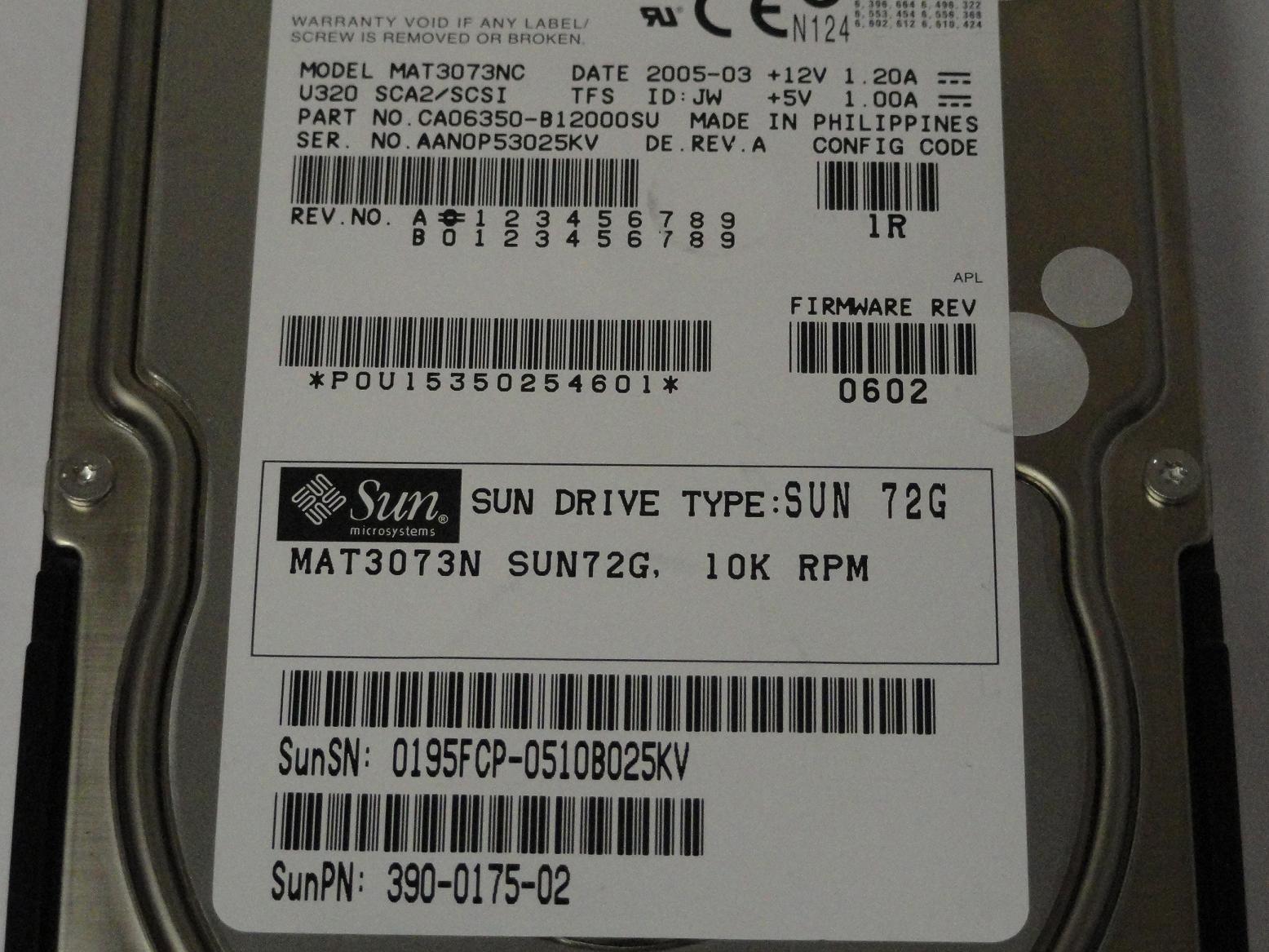 Fujitsu Sun 72GB SCSI 80 Pin 10krpm 3.5in HDD ( CA06350-B12000SU MAT3073NC 390-0175-02 3900175-02 ) USED