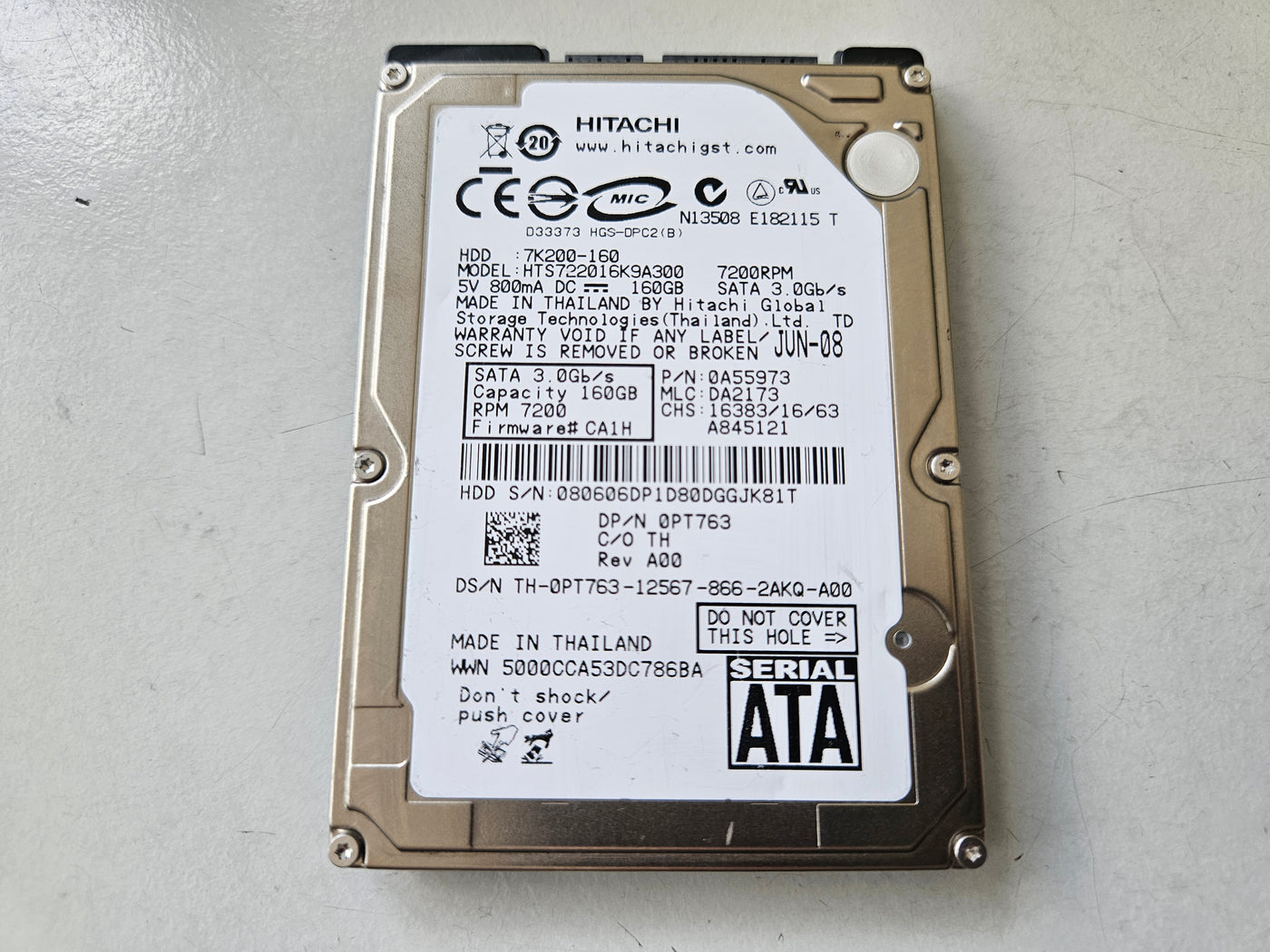 Hitachi Dell 160GB 7200RPM SATA 2.5" HDD ( HTS722016K9A300 0A55973 0PT763 ) REF