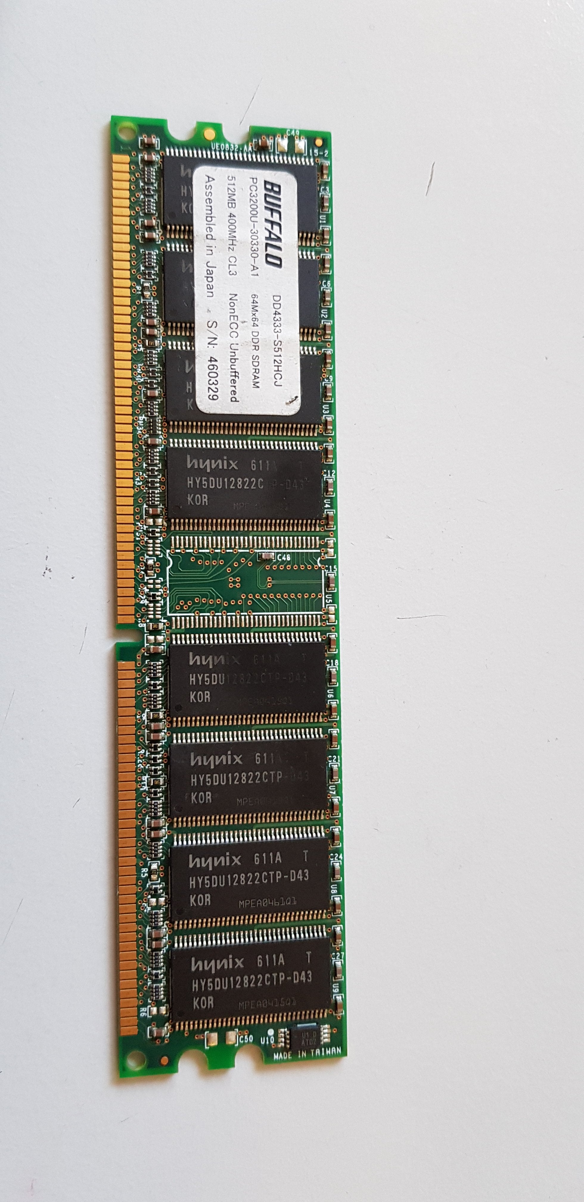 Buffalo 512MB PC3200 DDR-400MHz non-ECC Unbuffered CL3 184-Pin DIMM Memory Module (DD4333-S512HCJ)